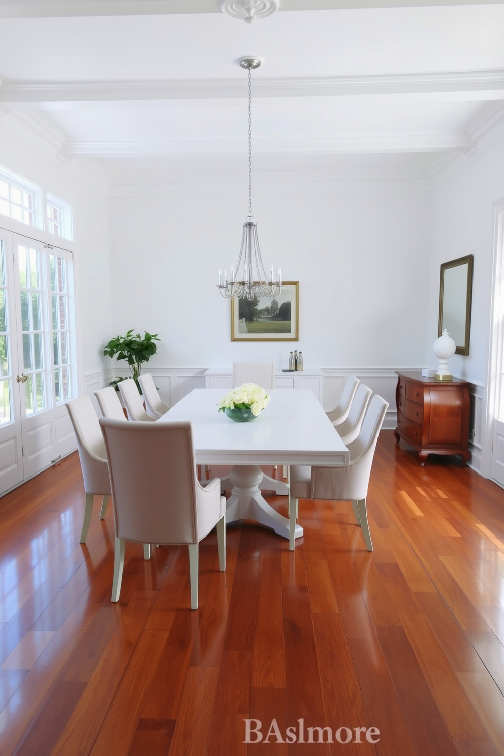 A white dining room exuding rustic charm features a large reclaimed wood table surrounded by mismatched vintage chairs. Soft natural light filters through sheer white curtains, illuminating the space adorned with potted plants and decorative ceramics. The walls are painted in a warm white hue, complemented by rustic wooden beams that add character to the ceiling. A statement chandelier made of wrought iron hangs above the table, creating an inviting atmosphere for family gatherings and dinner parties.