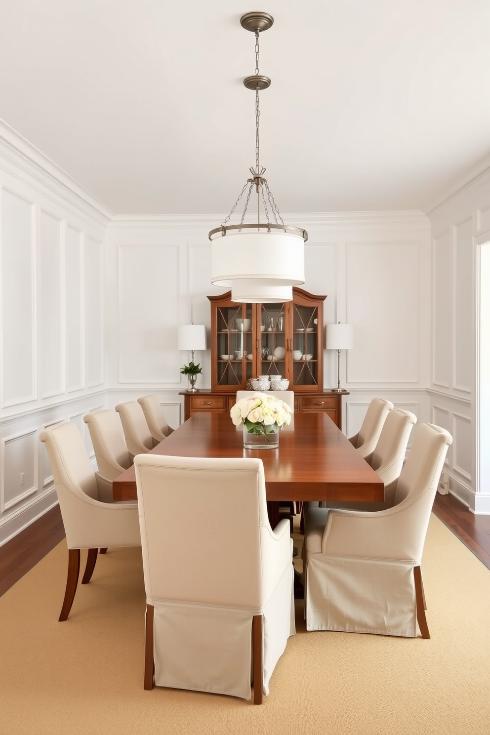 A rustic white table is set in the center of a bright dining room, surrounded by vintage wooden chairs that add charm and character. Soft natural light filters through sheer curtains, illuminating the space and highlighting the warm tones of the wooden floor.