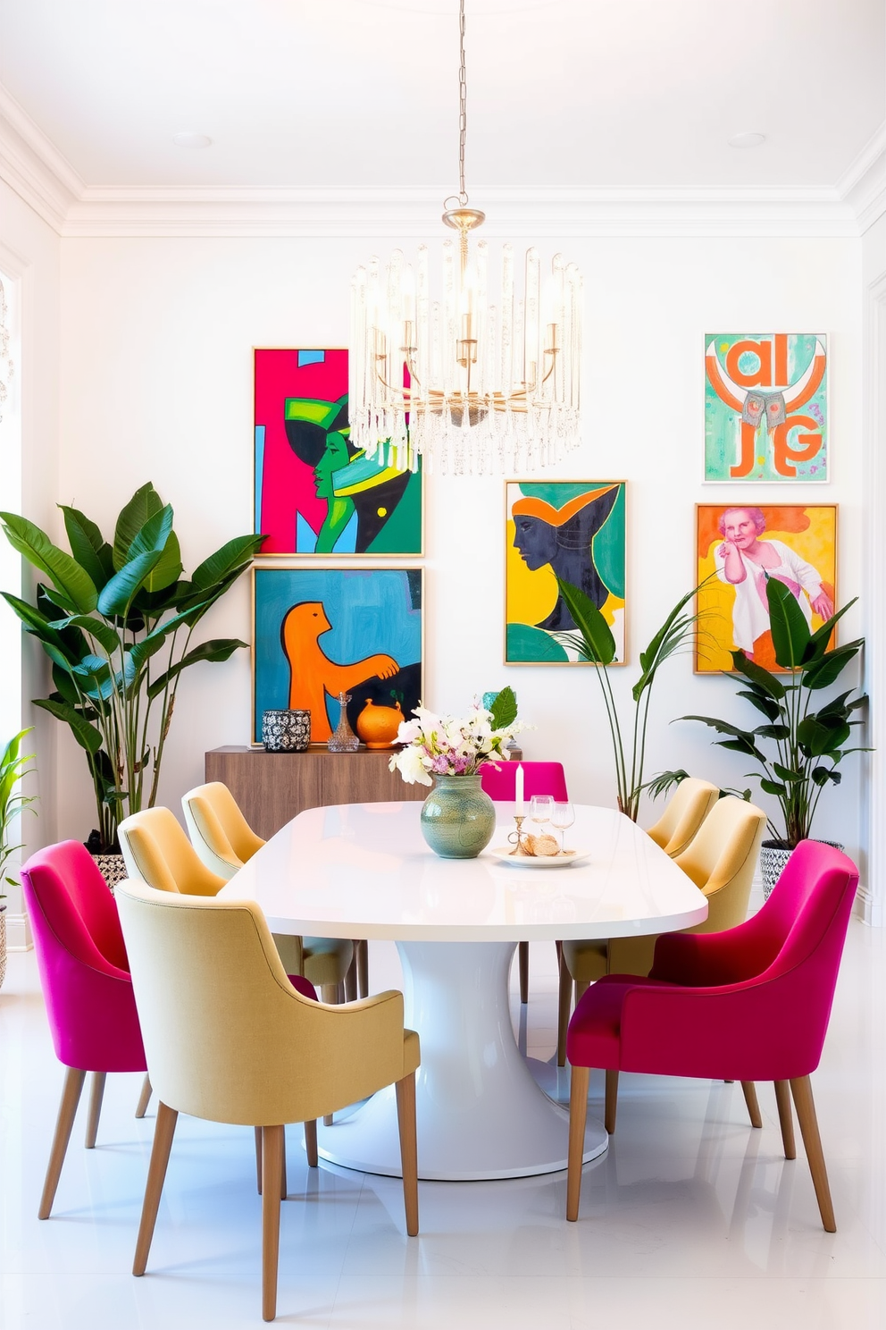 Bright white walls adorned with vibrant abstract art pieces create a lively and inviting atmosphere. A sleek white dining table surrounded by colorful upholstered chairs adds a touch of modern elegance. A statement chandelier hangs above the table, casting a warm glow on the space. Potted plants in the corners bring a refreshing touch of nature to the bright dining room.