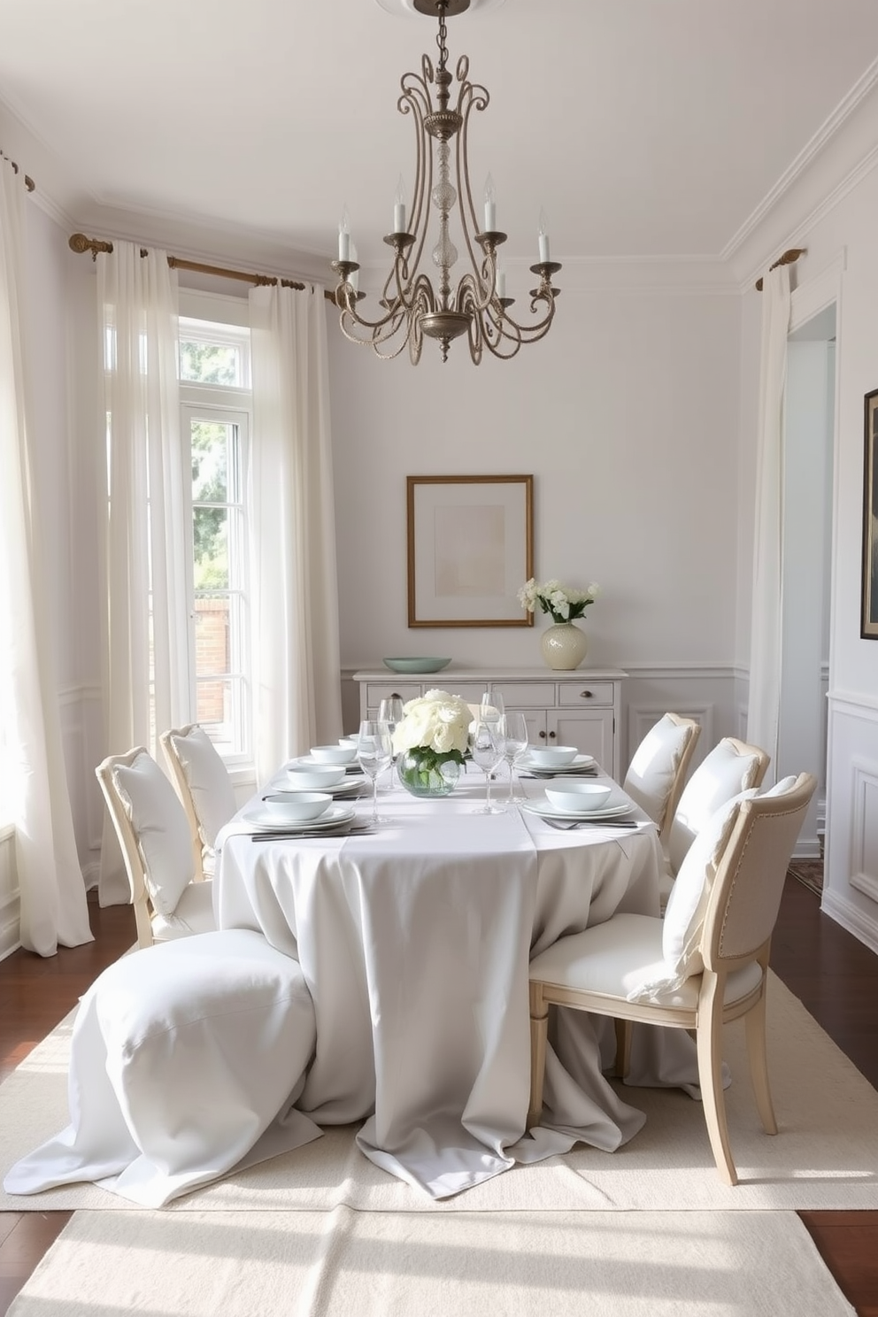 A bright and airy dining room featuring layered textures with white linens. The table is set with elegant white tableware, complemented by soft, flowing table runners and plush white cushions on the chairs. Natural light floods the space through large windows draped with sheer white curtains. The walls are adorned with subtle art pieces, and a statement chandelier hangs above the table, adding a touch of sophistication.