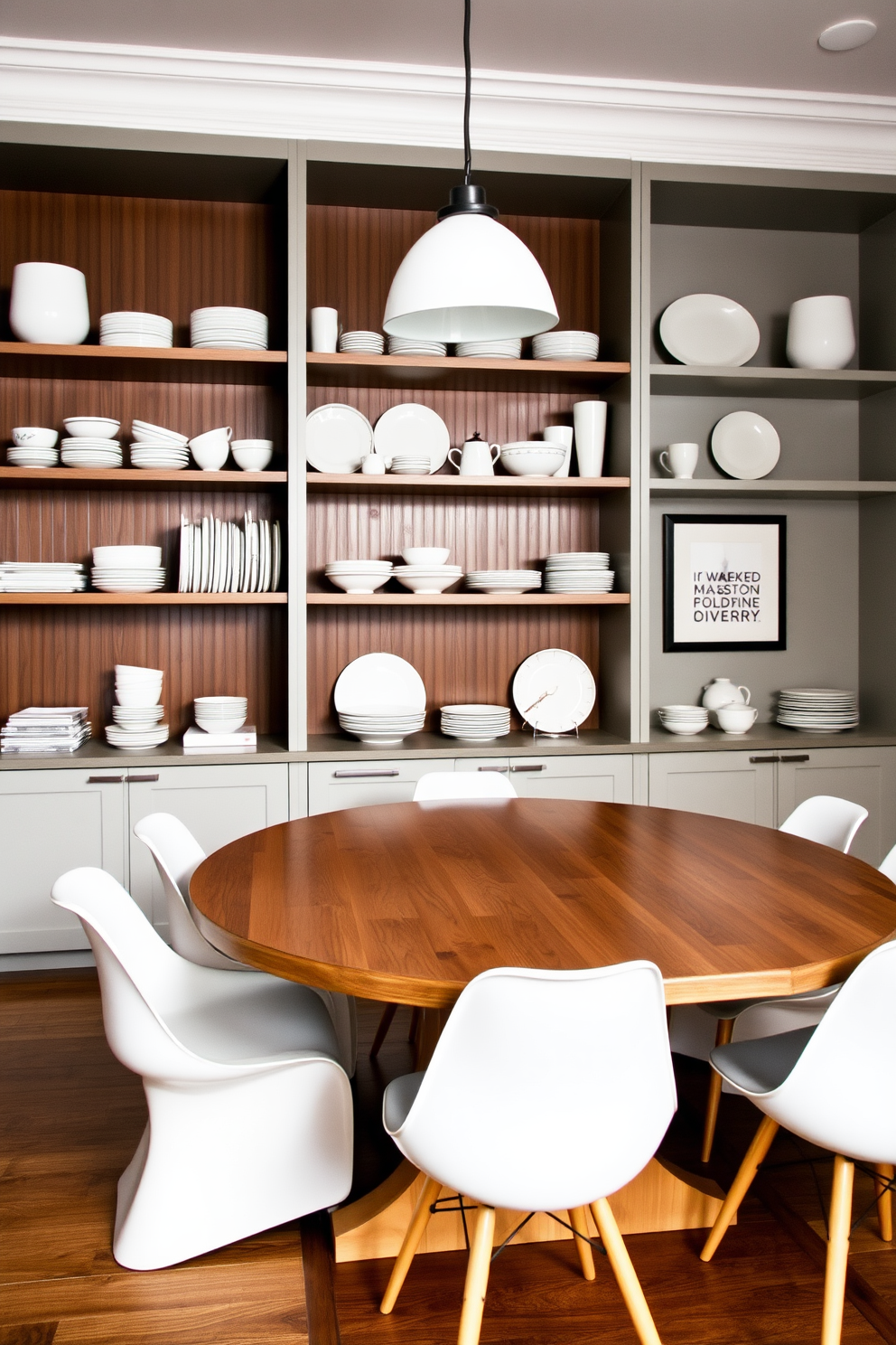 Open shelving elegantly showcases a curated collection of white dishware against a backdrop of soft gray walls. A large wooden dining table with modern white chairs centers the room, complemented by a stylish pendant light overhead.