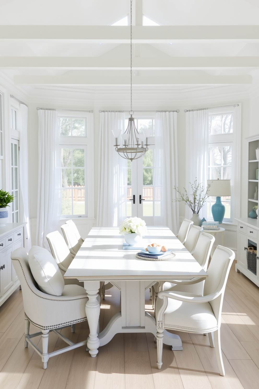 A bright and airy dining room with coastal vibes. The space features whitewashed furniture, including a large rectangular table surrounded by comfortable upholstered chairs. Natural light floods the room through large windows adorned with sheer white curtains. Soft blue accents in the decor complement the light wood tones, creating a serene and inviting atmosphere.