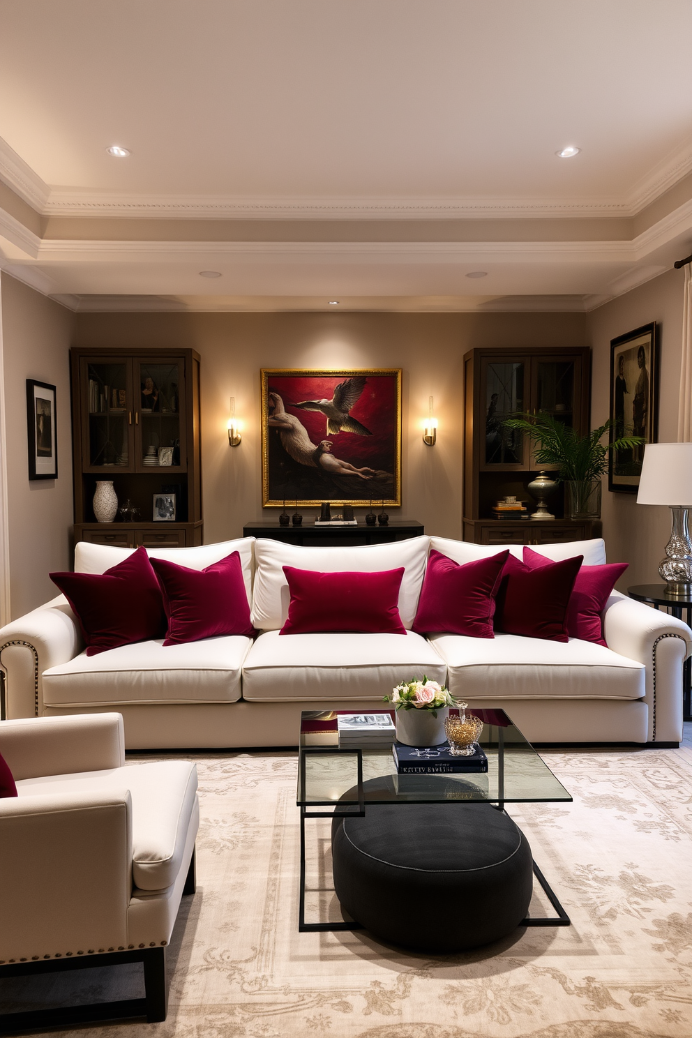 Luxurious velvet cushions in rich jewel tones are arranged on a plush white sofa, creating an inviting focal point in the family room. The space is adorned with elegant decor, including a sleek coffee table and soft ambient lighting that enhances the cozy atmosphere. The walls are painted in a soft, warm neutral tone, complementing the white sofa and adding depth to the room. A large area rug with subtle patterns anchors the seating area, while tasteful artwork adorns the walls, adding a touch of sophistication.