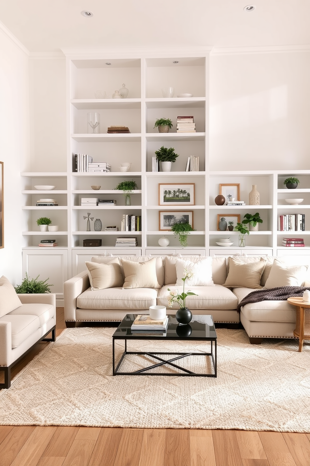 Open shelving is arranged along the walls of a bright family room, showcasing an array of decor items such as books, plants, and decorative bowls. The shelves are complemented by a soft, neutral color palette that enhances the airy feel of the space. The family room features a large, comfortable sectional sofa adorned with plush throw pillows, inviting relaxation and conversation. A stylish coffee table sits in the center, surrounded by a cozy area rug that adds warmth to the room.