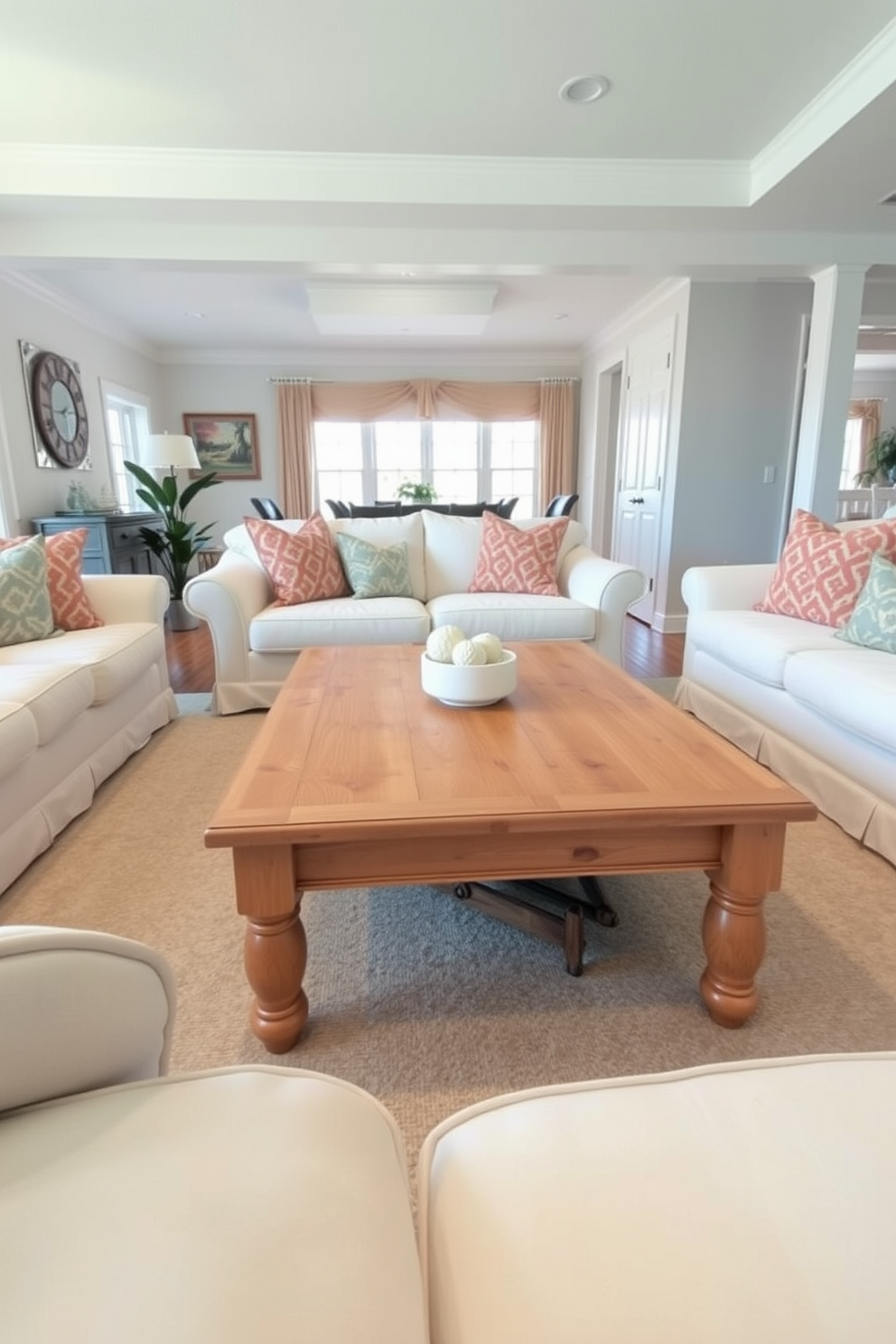 A light wood coffee table sits at the center of a spacious family room, providing warmth and a cozy atmosphere. Surrounding the table are plush white sofas adorned with colorful throw pillows, creating an inviting space for relaxation and gatherings.