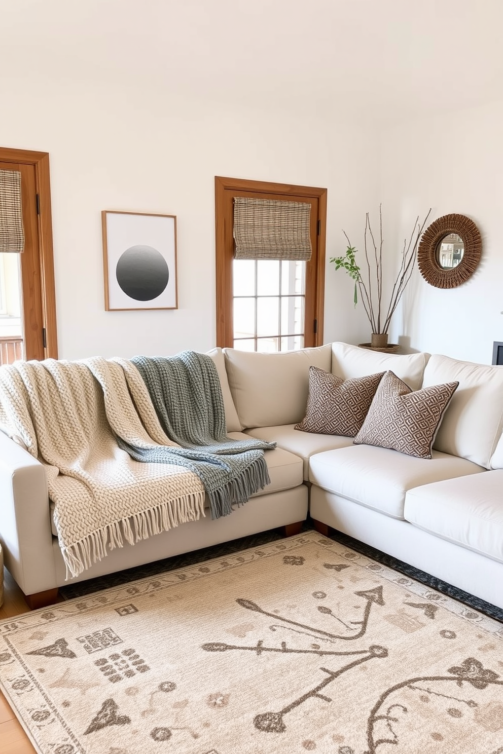 A cozy family room featuring soft textured throw blankets draped over a plush sectional sofa. The walls are painted in a warm white hue, complemented by natural wood accents and a large area rug that ties the space together.