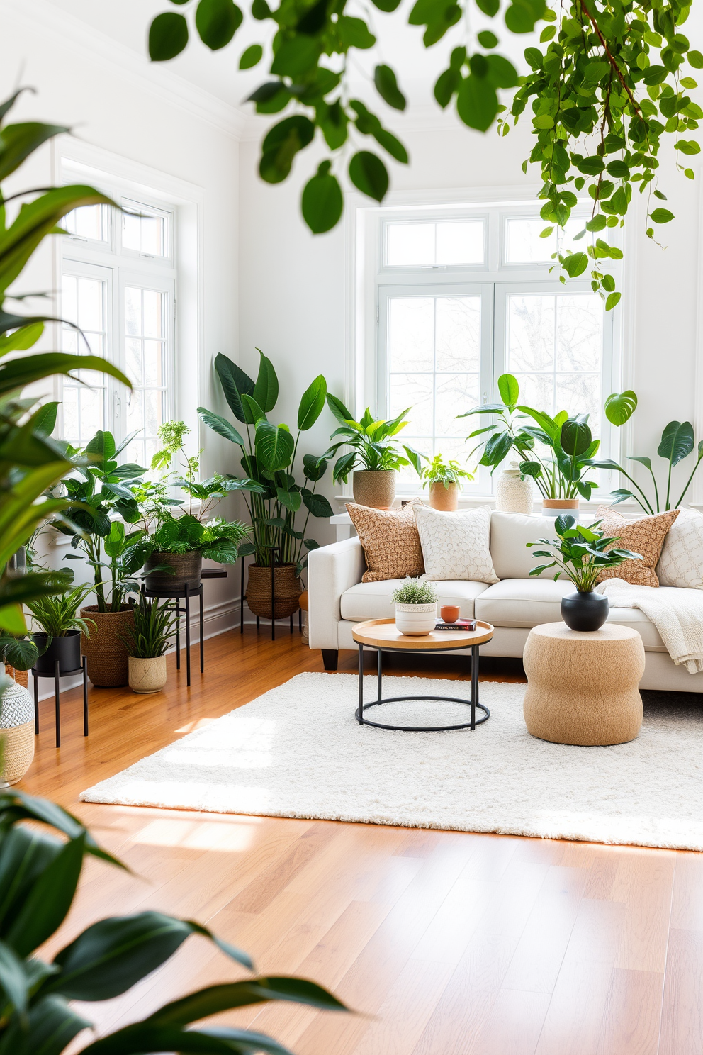 Open shelving is installed on the walls of a bright family room, showcasing an array of carefully curated decor items. The shelves are filled with books, plants, and decorative objects, creating a personalized and inviting atmosphere. The family room features a large, comfortable sectional sofa upholstered in a soft, neutral fabric. A round coffee table sits in the center, surrounded by plush area rugs that add warmth and texture to the space.