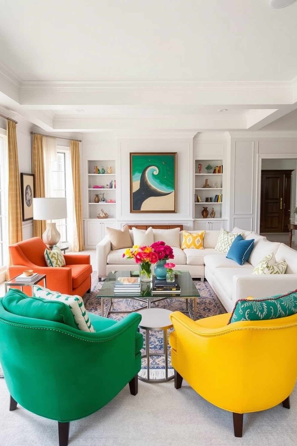 Accent chairs in bold colors create a vibrant focal point in a spacious white family room. The room features a large, comfortable sectional sofa, and the accent chairs are strategically placed to enhance conversation and style.