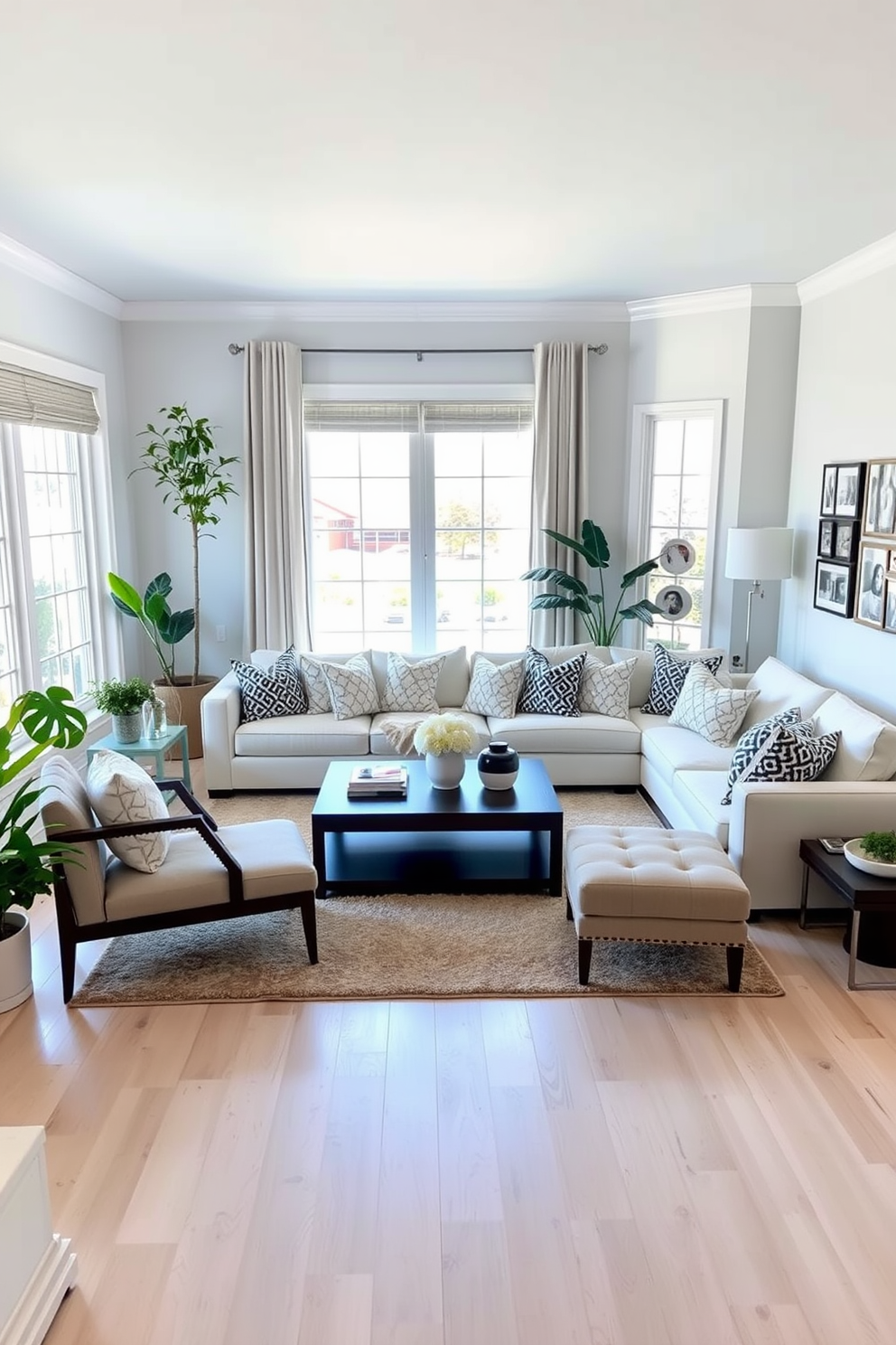 Create a cozy white family room featuring a large sectional sofa adorned with an array of throw pillows in various patterns and textures. The room has light hardwood floors, a soft area rug, and large windows that let in ample natural light, enhancing the inviting atmosphere. Incorporate a modern coffee table at the center, surrounded by a few accent chairs that complement the sofa. Add greenery with potted plants in the corners and a gallery wall of family photos to personalize the space.