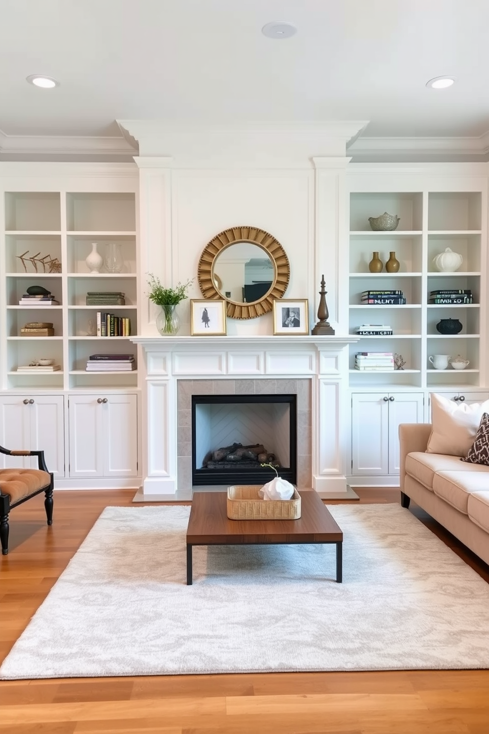 A spacious family room featuring layered textures with cream and ivory hues. The room is adorned with plush sofas, soft throw pillows, and a cozy area rug that adds warmth to the space. Natural light floods in through large windows, highlighting the elegant drapery and subtle wall art. A sleek coffee table sits at the center, surrounded by stylish accent chairs and a tasteful bookshelf filled with curated decor.