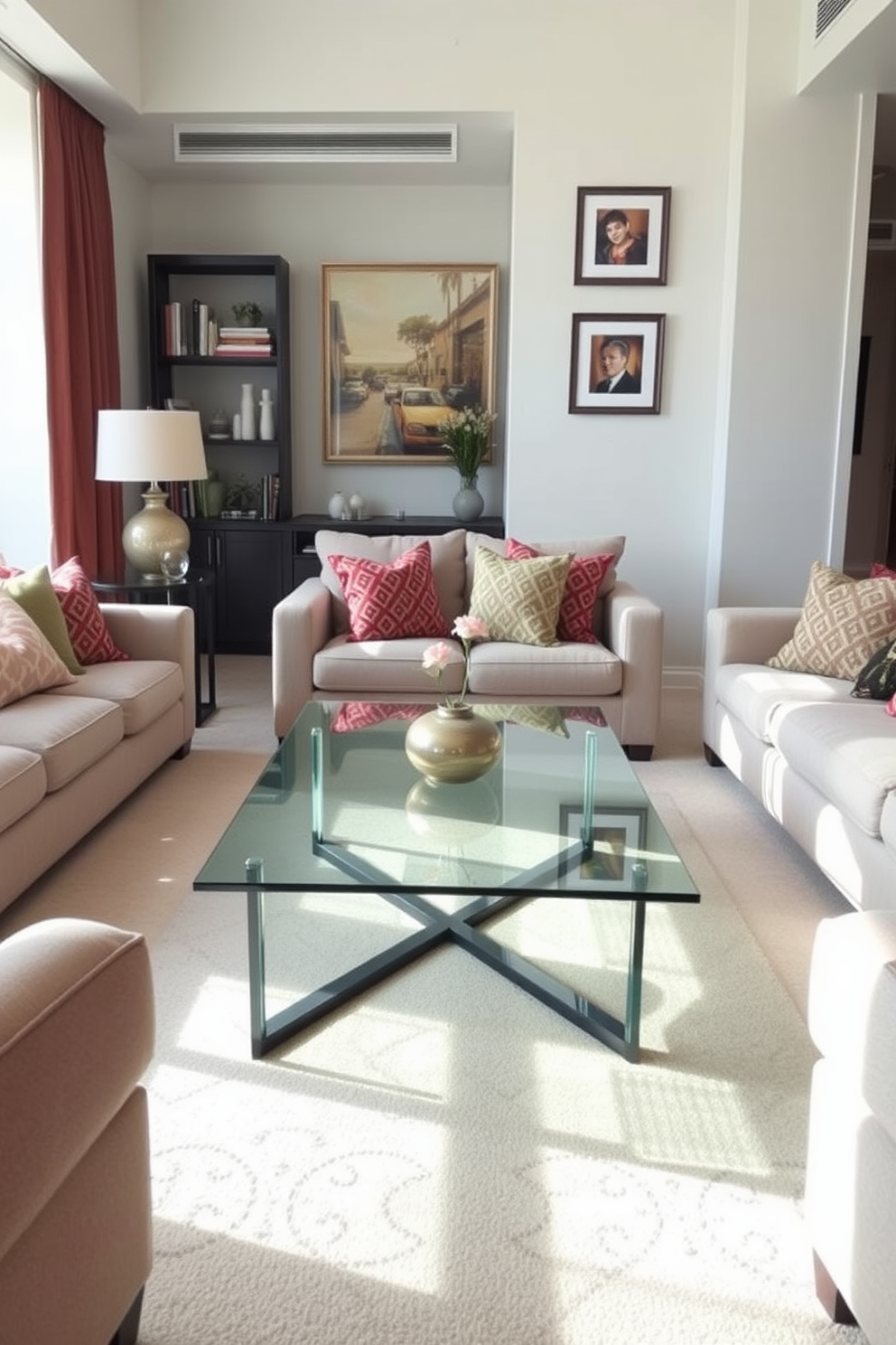 A light and airy family room features a sleek glass coffee table at the center, reflecting natural light and creating an open atmosphere. Surrounding the table are plush, neutral-colored sofas adorned with colorful throw pillows, inviting relaxation and conversation.