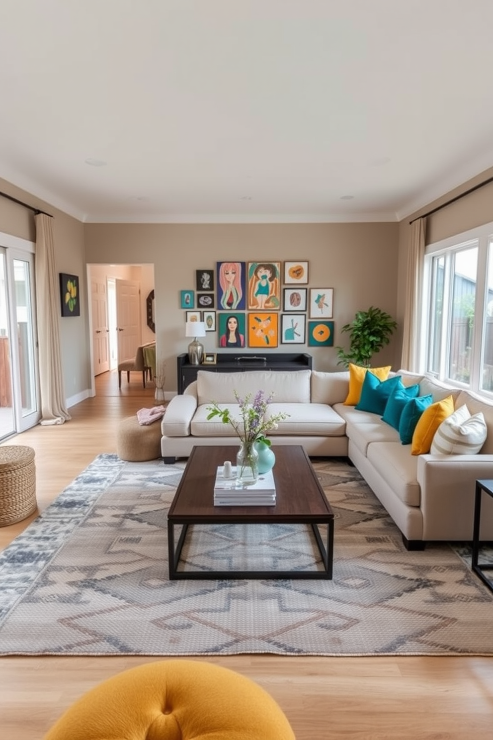 A spacious family room featuring neutral tones with pops of color throughout the decor. The walls are painted in a soft beige, complemented by a large sectional sofa adorned with vibrant throw pillows in shades of teal and mustard. A stylish coffee table sits at the center, surrounded by a mix of textured area rugs. Floor-to-ceiling windows allow natural light to flood the space, highlighting a gallery wall of colorful artwork.