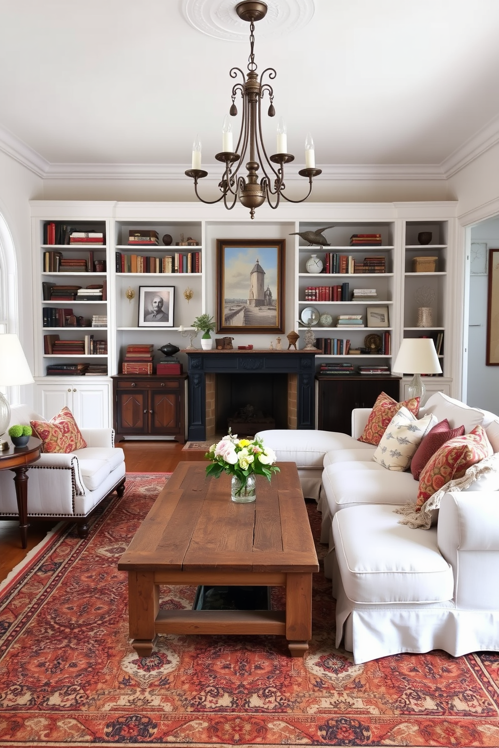 A cozy white family room featuring vintage accents that create a timeless appeal. The room is furnished with a plush white sectional sofa adorned with colorful throw pillows and a reclaimed wooden coffee table at the center. Antique bookshelves line the walls, filled with vintage books and decorative items. A large area rug with intricate patterns anchors the seating area, while soft lighting from a classic chandelier adds warmth to the space.