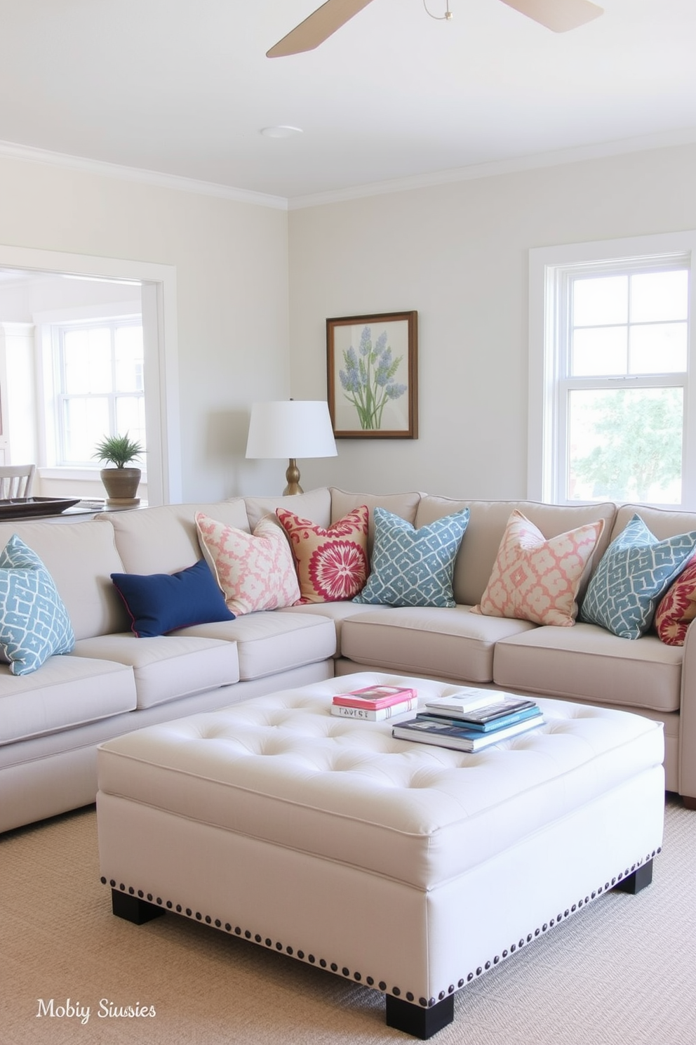 A functional ottoman serves as extra seating in a bright and airy family room. The space features a soft beige sofa paired with colorful throw pillows, creating a cozy and inviting atmosphere.