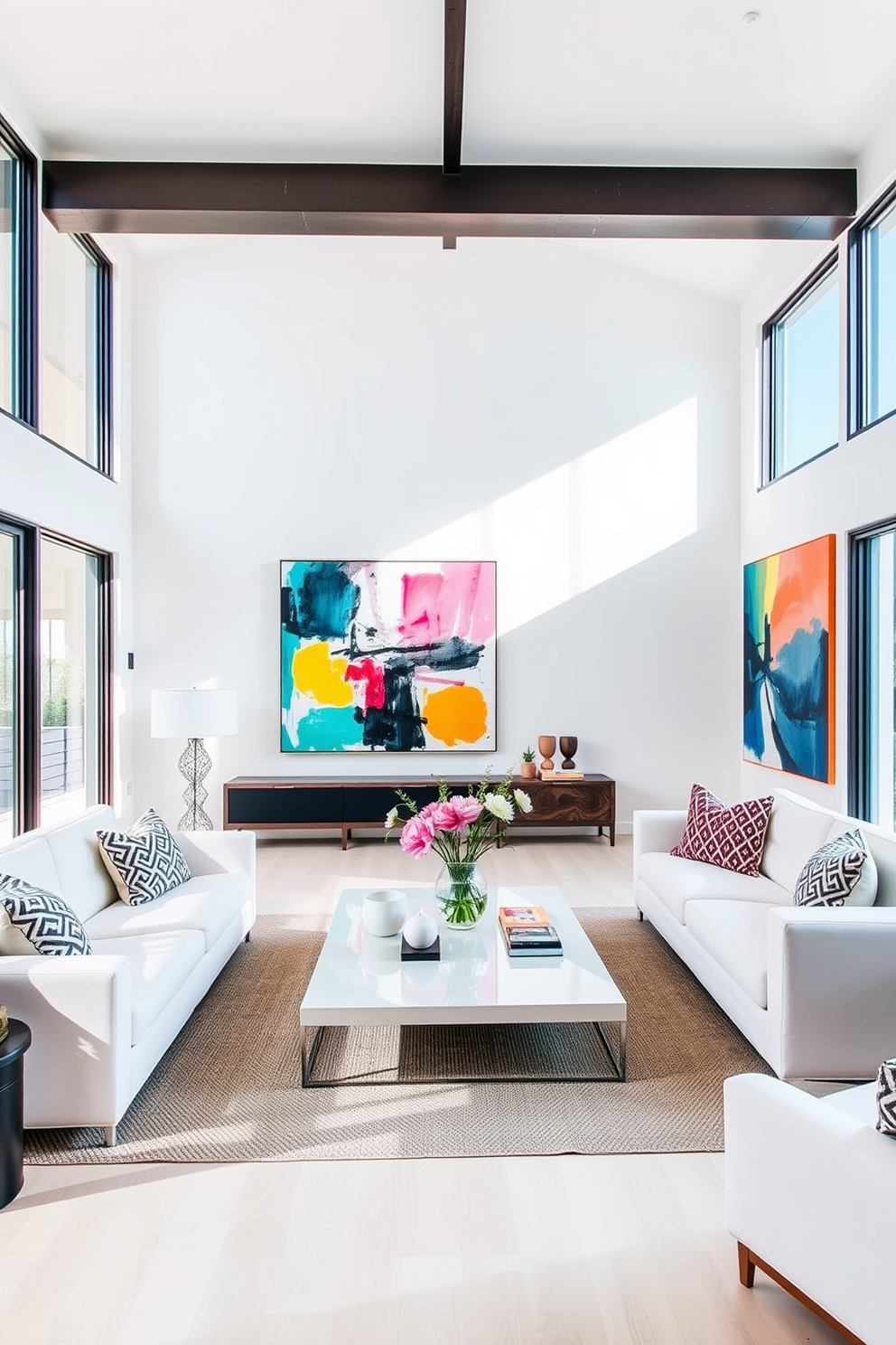 A cozy family room featuring a white brick fireplace as the focal point. The room is adorned with warm wooden beams and plush seating, creating an inviting atmosphere. Soft neutral tones dominate the decor, complemented by colorful throw pillows and a large area rug. Natural light floods in through oversized windows, enhancing the rustic charm of the space.