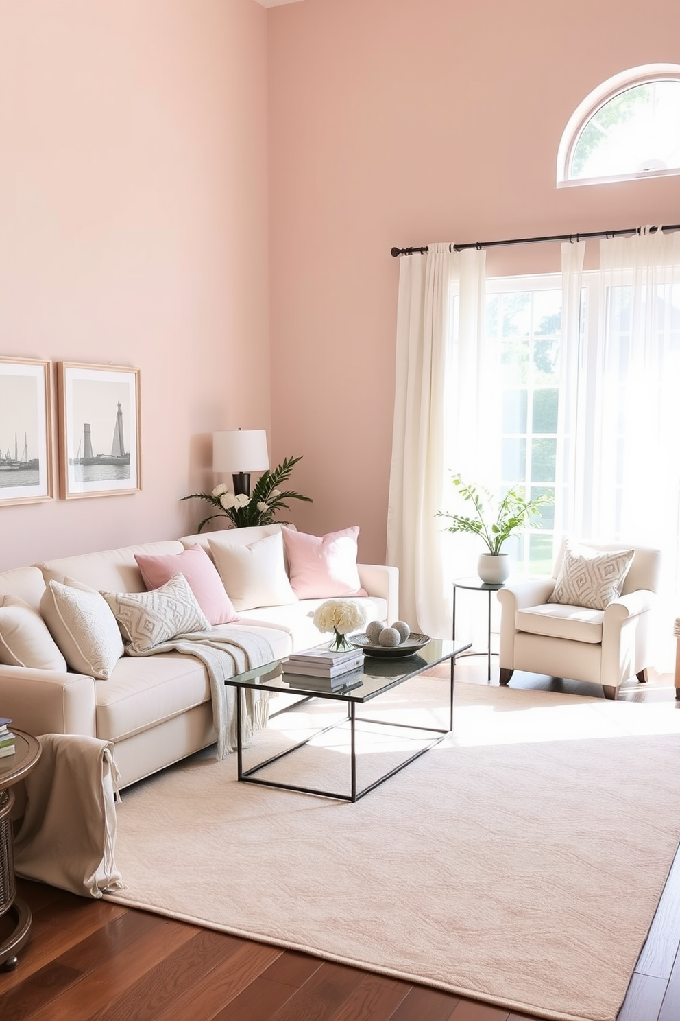 A bright family room features a large sectional sofa adorned with bold geometric patterns on throw pillows in vibrant colors. The walls are painted in a soft white, complemented by a modern coffee table and a cozy area rug that ties the space together.