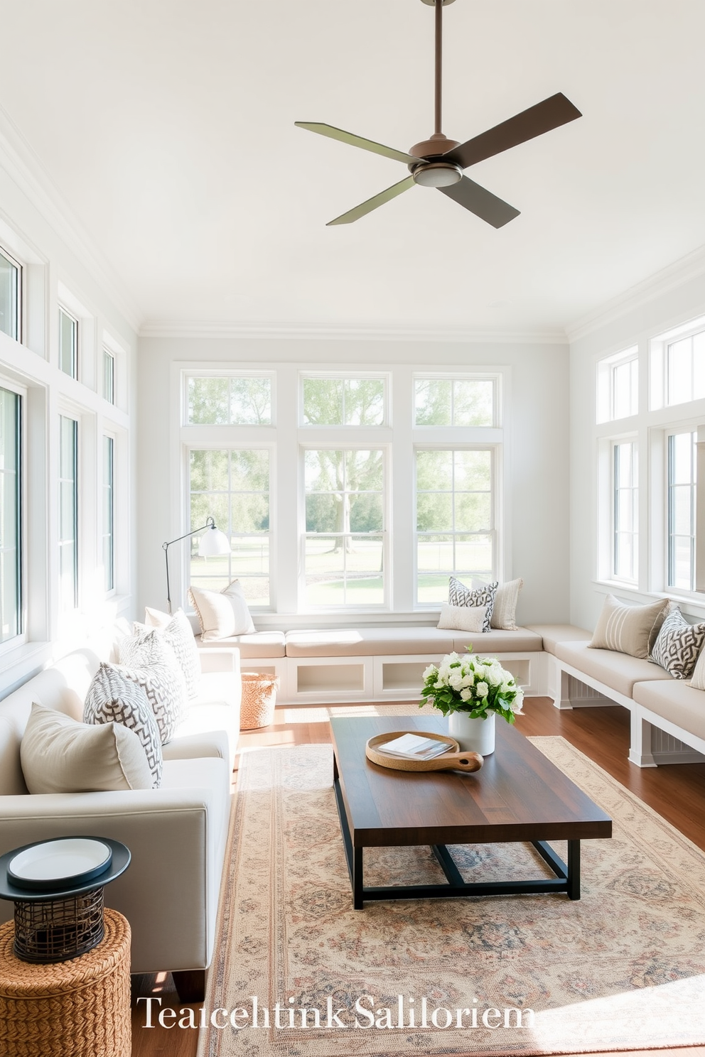 A bright and airy family room features built-in benches along the walls, providing ample seating for gatherings. The benches are adorned with plush cushions in soft, neutral tones to create a cozy and inviting atmosphere. Large windows allow natural light to flood the space, enhancing the open feel of the room. The decor includes a mix of modern and rustic elements, with a statement coffee table and layered rugs adding warmth and texture.