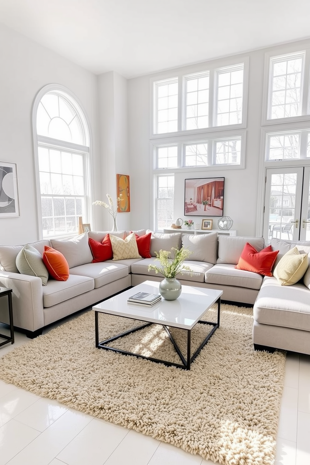 A spacious white family room features minimalist furniture that emphasizes clean lines and simplicity. The room is adorned with a large sectional sofa in a neutral fabric, complemented by a sleek coffee table and a minimalist entertainment unit. Natural light floods the space through large windows, highlighting the light wood flooring and soft white walls. A few carefully chosen decorative items, such as a simple vase and a cozy throw, add warmth without cluttering the aesthetic.