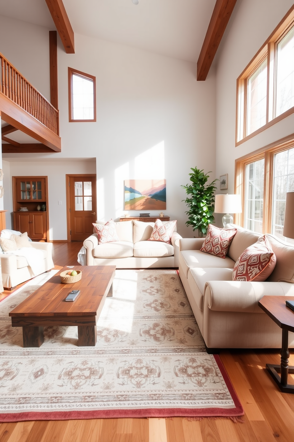 A bright and airy family room featuring warm wood accents throughout the space. The walls are painted in a soft white hue, and large windows allow natural light to flood in, enhancing the cozy atmosphere. The focal point is a plush sectional sofa in a light beige fabric, complemented by a rustic wooden coffee table. A large area rug with subtle patterns anchors the seating area, while decorative throw pillows add pops of color and texture.