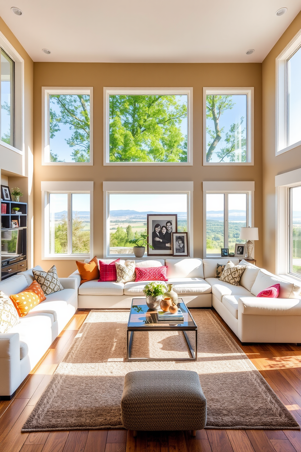 A spacious family room with a monochromatic color palette featuring various shades of white. The walls are adorned with abstract art pieces that create visual interest and depth, while a plush white sectional sofa invites relaxation. Natural light floods the room through large windows, highlighting the soft textures of a white area rug underfoot. Accent pillows in subtle patterns add a layer of sophistication, creating a serene and inviting atmosphere.