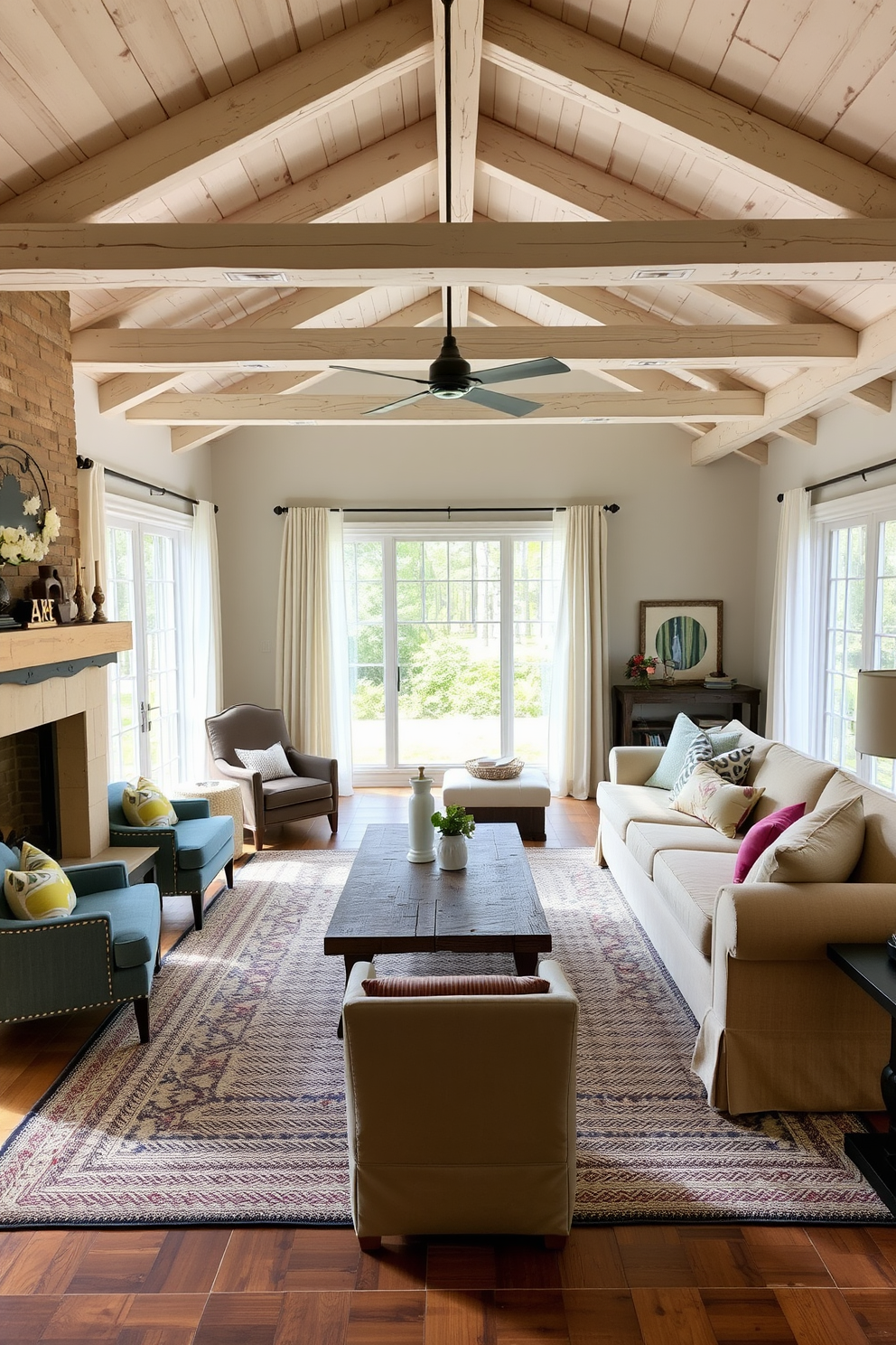 A cozy family room with whitewashed wood beams that add rustic charm to the space. The room features a large sectional sofa in soft beige fabric, complemented by a mix of colorful throw pillows and a textured area rug. Natural light floods the room through large windows adorned with sheer white curtains. A reclaimed wood coffee table sits in the center, surrounded by stylish accent chairs and a warm, inviting fireplace.