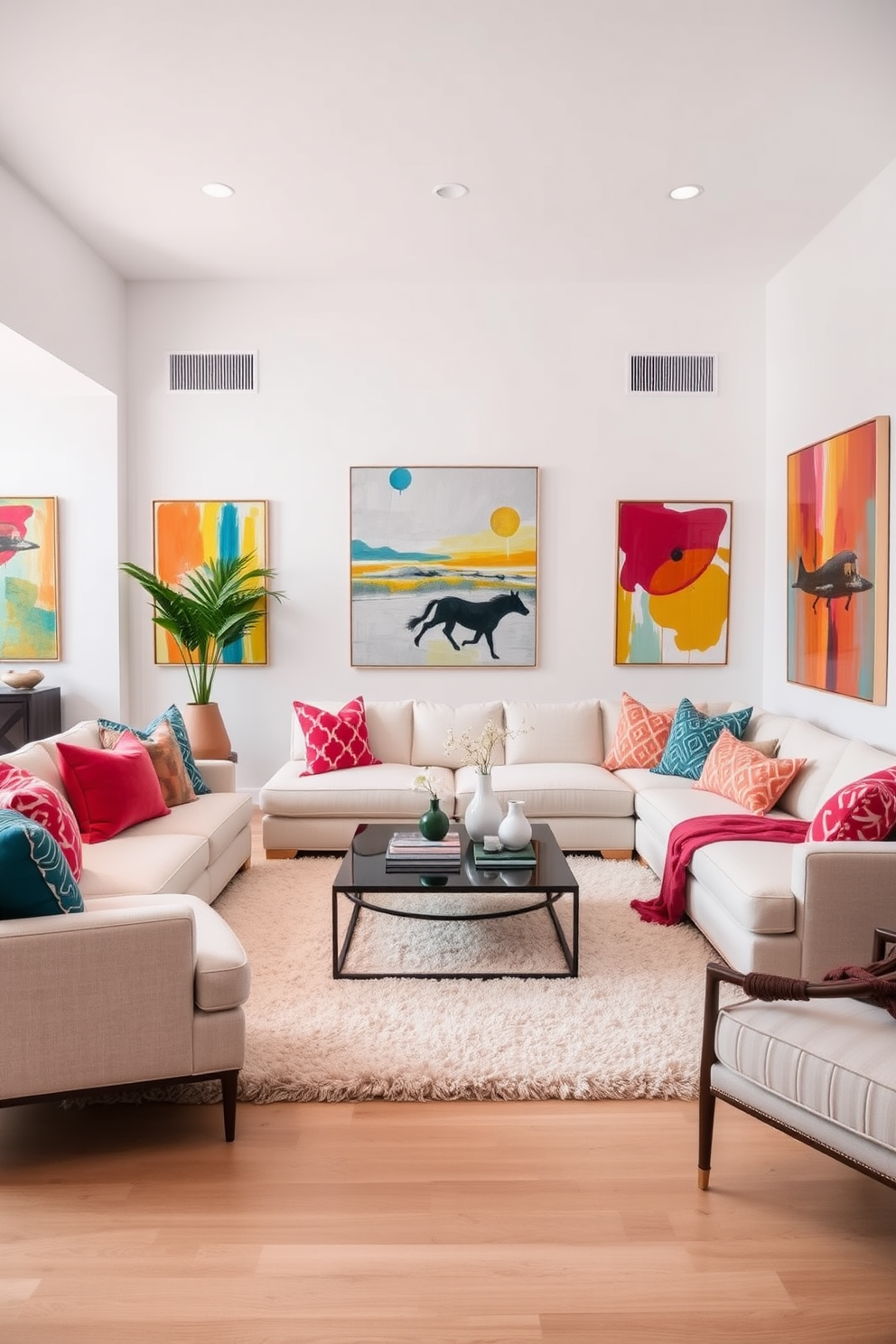 Bright artwork to add visual interest in a spacious family room. The walls are painted in soft white, providing a clean backdrop for vibrant abstract paintings that pop with color. Comfortable seating arrangements include a large sectional sofa in a light fabric, accented with colorful throw pillows. A stylish coffee table sits in the center, surrounded by a plush area rug that ties the room together.