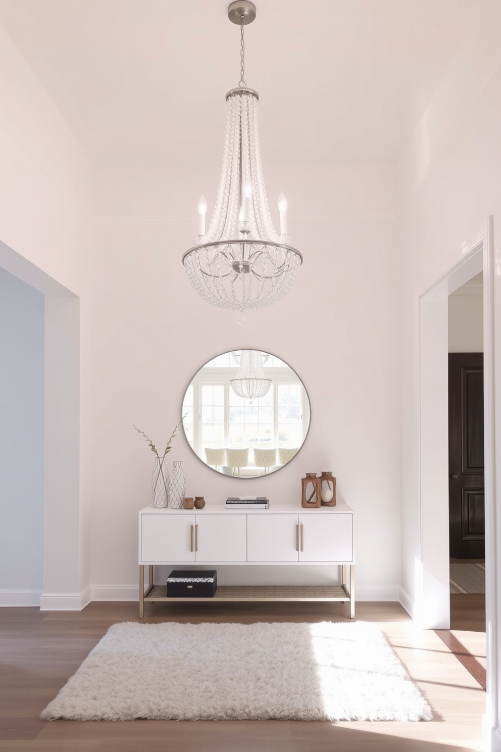 Bright white walls with natural wood accents create a fresh and inviting atmosphere in the foyer. The space features a sleek wooden bench against the wall, complemented by a large potted plant in the corner for a touch of greenery.