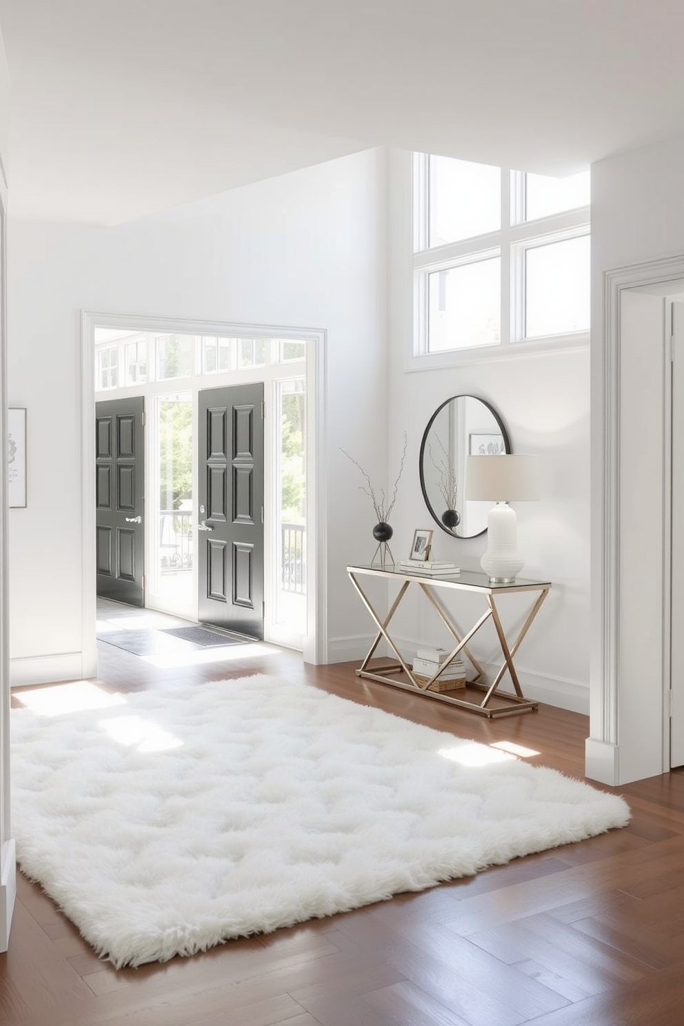 A bright and inviting foyer with soft white walls that create a sense of openness. The space features a plush soft white area rug underfoot, adding warmth and comfort to the entryway. A sleek console table is positioned against one wall, adorned with decorative items and a stylish lamp. Large windows allow natural light to flood the space, highlighting the elegant design elements throughout.