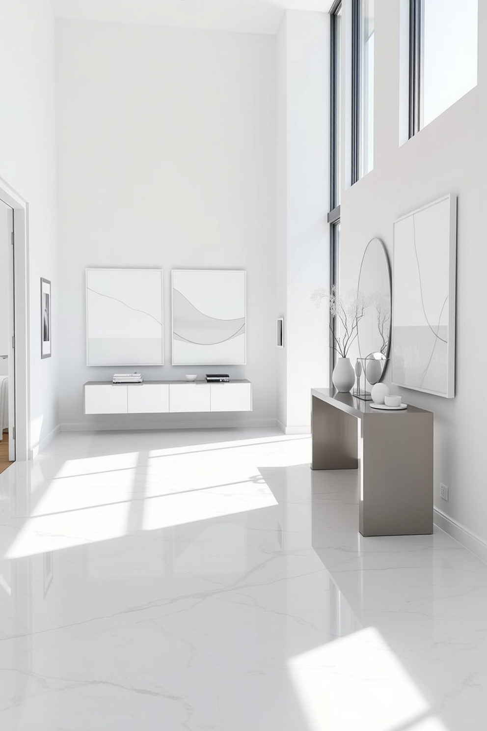 A bright and airy foyer features open shelving along one wall, showcasing an array of decorative items such as books, vases, and framed photos. The walls are painted in a soft white hue, creating a clean backdrop that enhances the natural light flowing through the space. The flooring consists of light hardwood, adding warmth and elegance to the design. A stylish console table sits beneath a large mirror, reflecting the inviting atmosphere of the foyer.