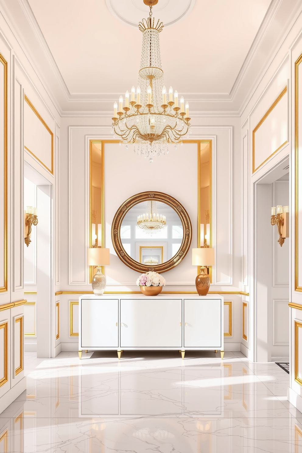 A stunning foyer featuring white walls adorned with elegant gold accents. The space includes a grand chandelier hanging from the ceiling, casting a warm glow over the polished marble floor. A stylish console table in white finishes complements the luxurious theme. Above the table, a large round mirror with a gold frame reflects the inviting atmosphere of the foyer.