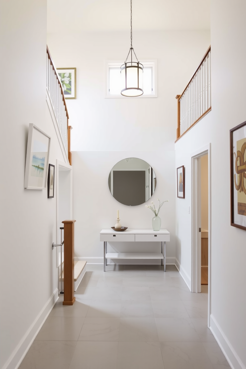 Bright white staircase with a wooden railing leading to an upper landing. The walls are adorned with framed artwork and the floor is covered in light gray tiles. The foyer features a large round mirror above a sleek console table. A stylish pendant light hangs from the ceiling, illuminating the space with a warm glow.