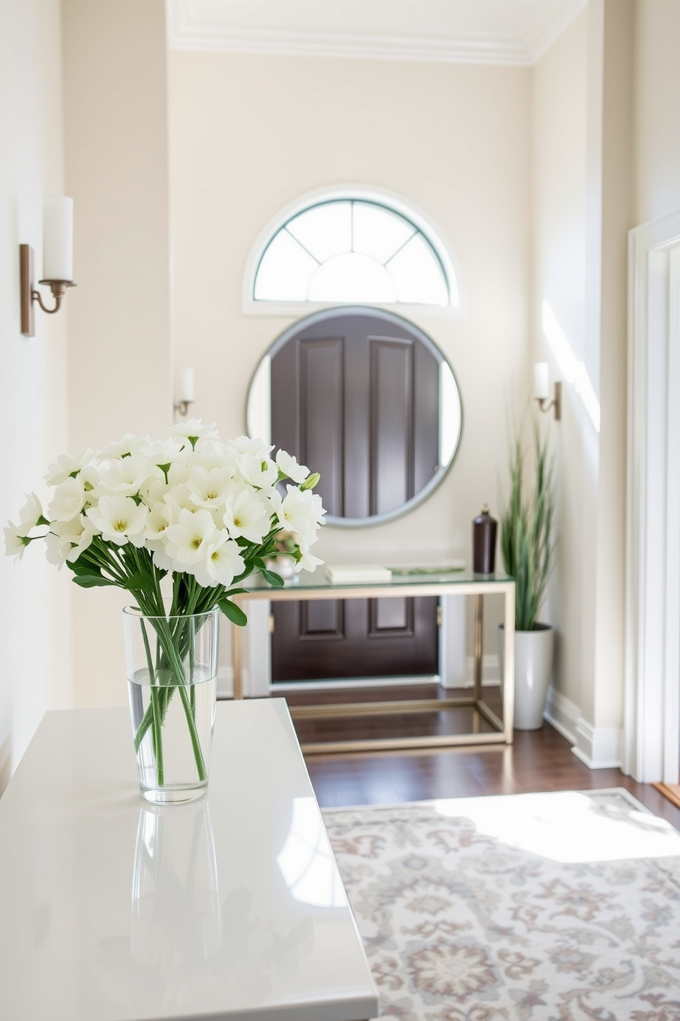 A stunning foyer featuring elegant crown molding that adds a touch of refinement to the space. The walls are painted in a soft white hue, creating a bright and airy atmosphere. The floor is adorned with a classic black and white checkered tile that contrasts beautifully with the walls. A stylish console table sits against one wall, topped with a decorative mirror and a vase of fresh flowers.