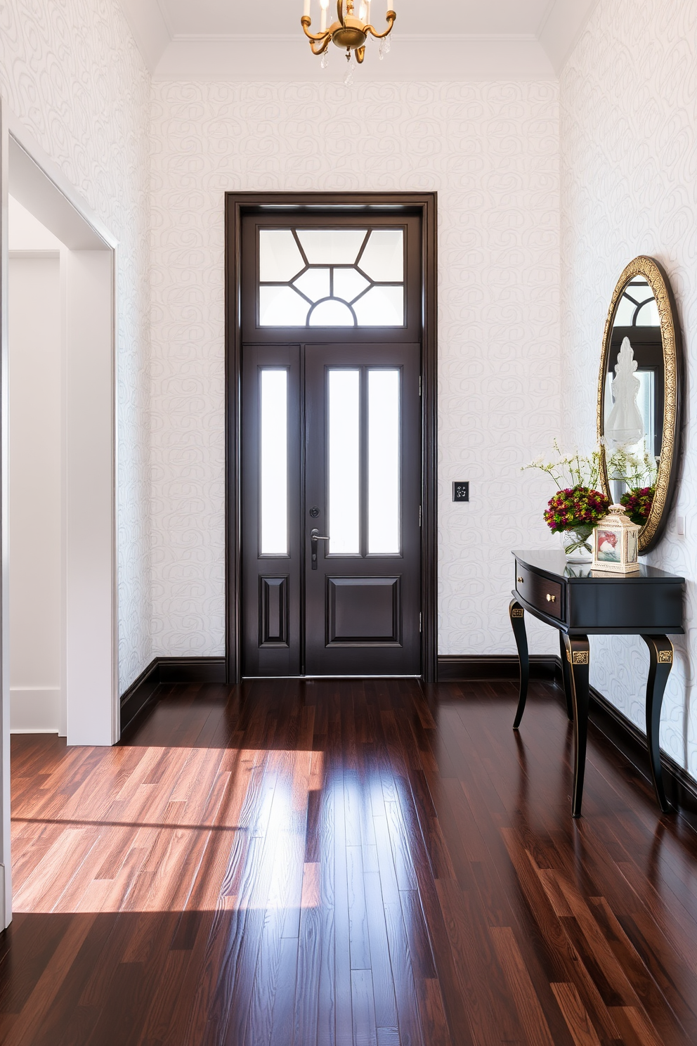 A bright and airy foyer features a sleek white console table against the wall. Above the table, neutral colored artwork in soft beige and gray tones adds warmth and sophistication to the space. The floor is adorned with a light wood finish that enhances the openness of the area. A stylish round mirror hangs above the console, reflecting natural light and creating an inviting atmosphere.