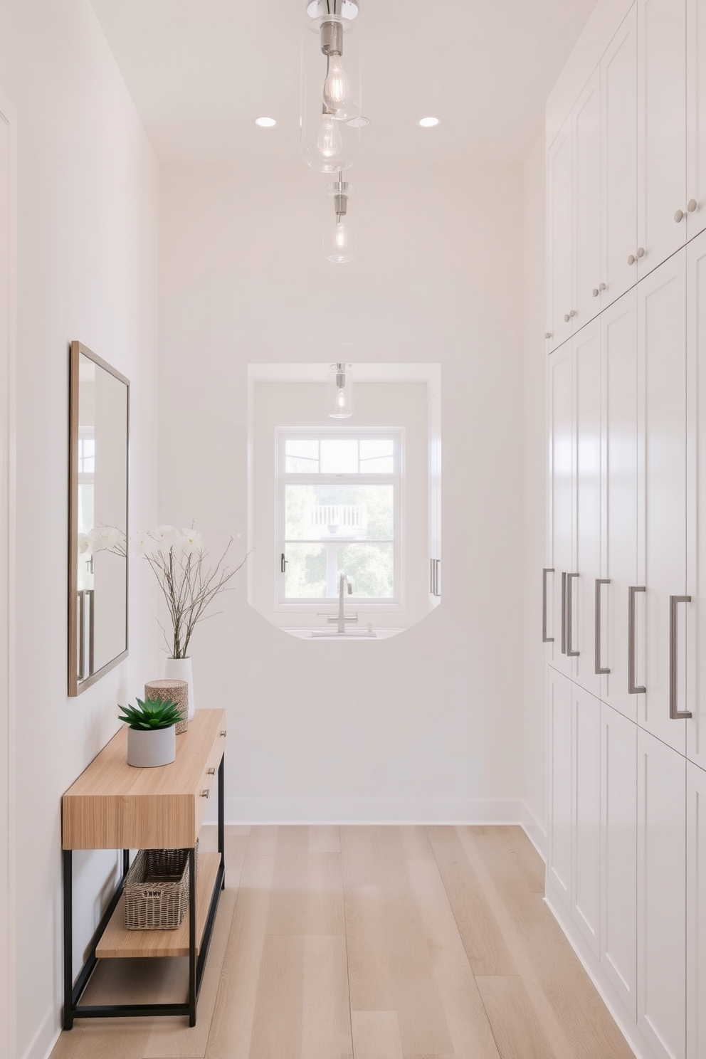 A bright and inviting foyer features a spacious entryway with a high ceiling and elegant light fixture. The walls are adorned with subtle wallpaper, and a stylish console table sits against one side, topped with decorative accents and fresh flowers. Accent pillows in soft fabrics are arranged on a modern bench, adding a cozy touch to the space. The flooring is a warm hardwood, complemented by a large area rug that adds texture and warmth to the entrance.