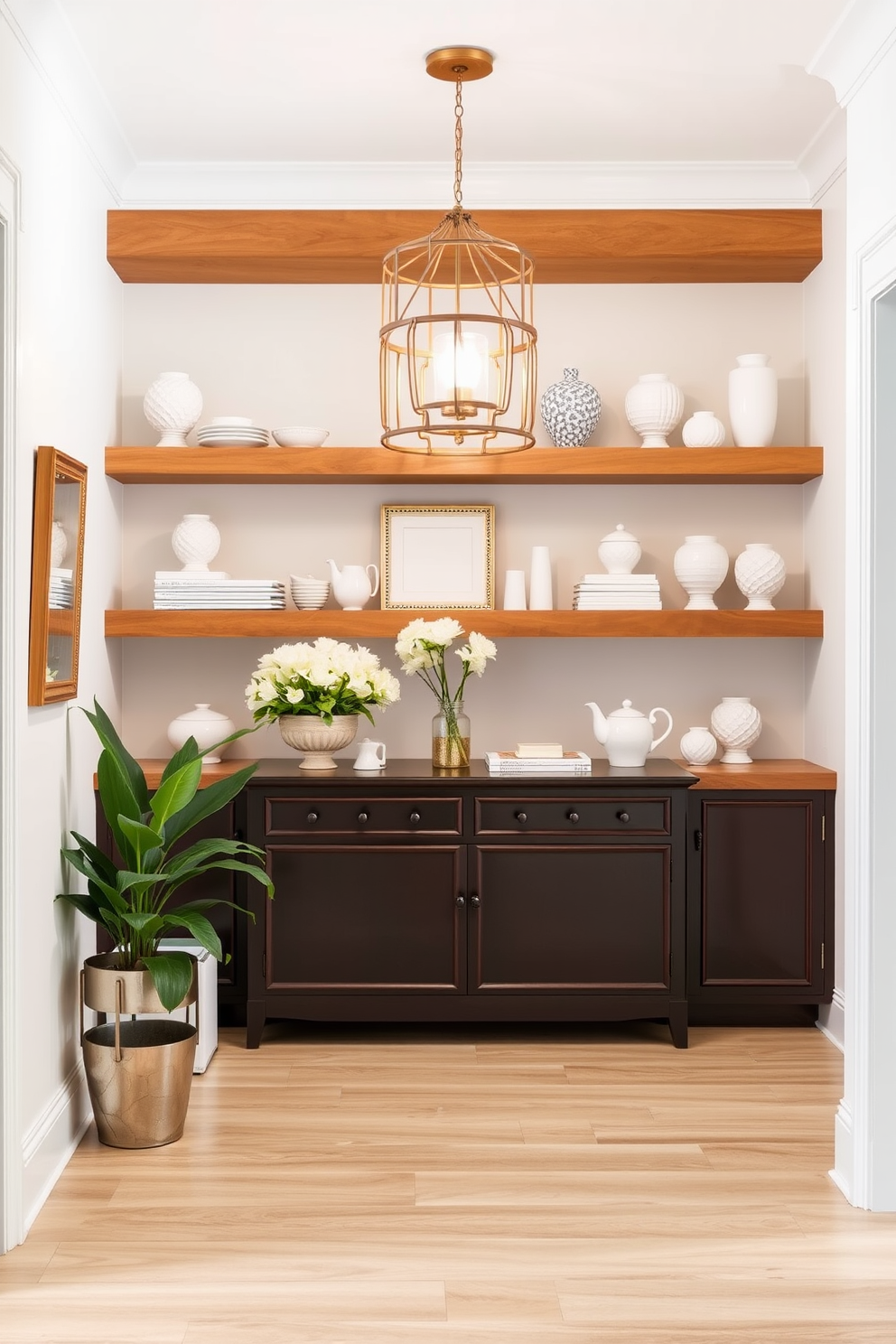 A bright foyer featuring open shelving on the walls. The shelves are adorned with a collection of white decor items, creating a clean and airy atmosphere.