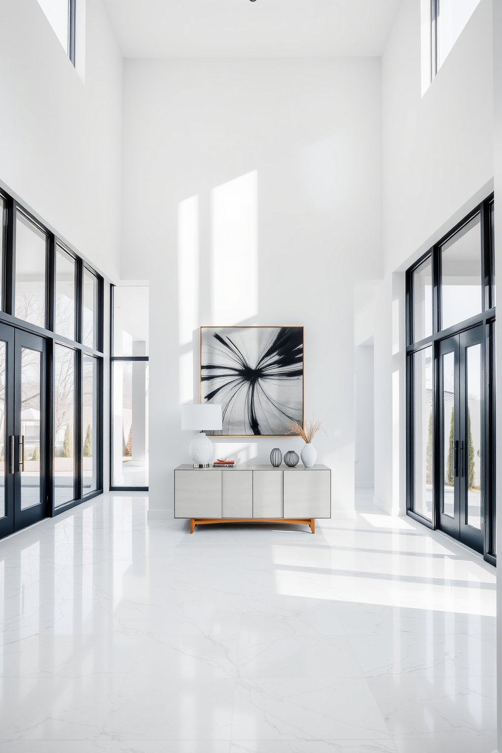 Bright white entryway featuring a high ceiling and expansive windows that allow natural light to flood the space. A large piece of bold artwork hangs prominently on the main wall, creating a striking focal point that draws the eye. The floor is adorned with sleek marble tiles, enhancing the elegance of the design. A stylish console table sits against one wall, topped with decorative items and a statement lamp to invite warmth and personality into the foyer.