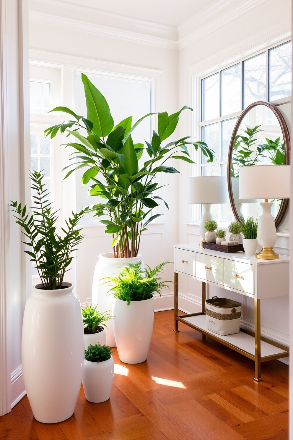 A bright and inviting foyer featuring white ceramic pots filled with lush greenery accents. The walls are adorned with soft white paneling, and a sleek console table sits against one side, topped with decorative items and a stylish lamp. Natural light floods the space through a large window, highlighting the vibrant plants. The floor is finished with warm hardwood, creating a welcoming atmosphere.