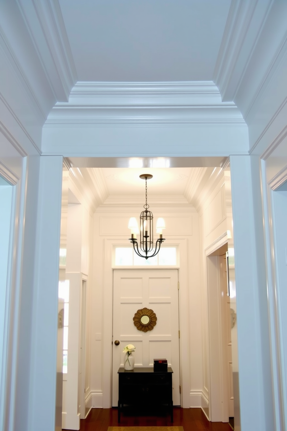 A contemporary foyer featuring sleek floating shelves that add a modern touch. The walls are painted in a crisp white, creating a bright and welcoming atmosphere. The floating shelves are adorned with stylish decor, including potted plants and framed artwork. A minimalist console table sits below the shelves, complemented by a chic mirror that enhances the sense of space.