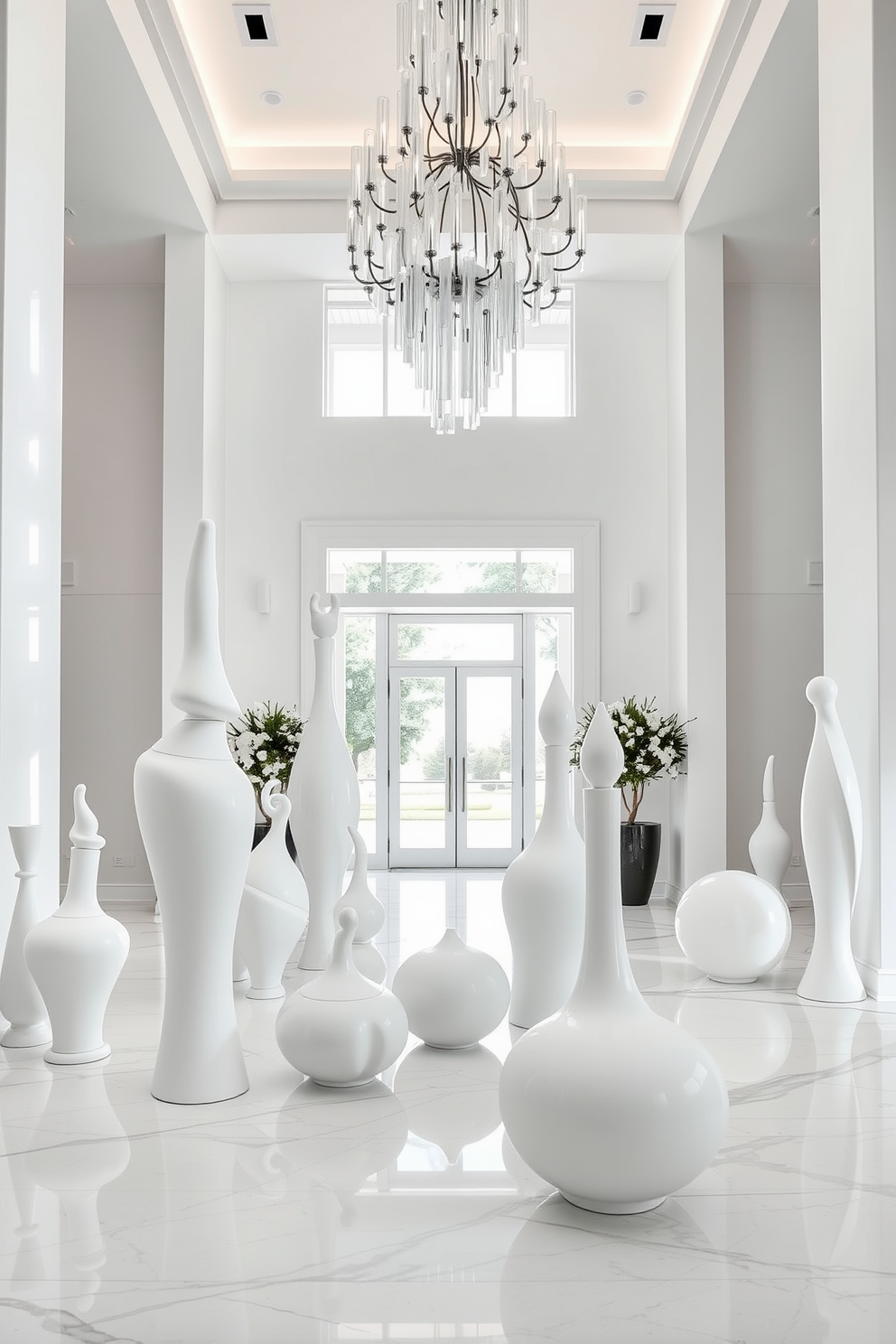 Artistic white sculptures are strategically placed throughout the foyer to create visual interest and a sense of elegance. The sculptures vary in shape and size, adding depth and texture to the space while complementing the overall design. The foyer features a stunning combination of white walls and a sleek marble floor, enhancing the bright and airy atmosphere. A statement chandelier hangs from the ceiling, illuminating the sculptures and creating a welcoming ambiance.