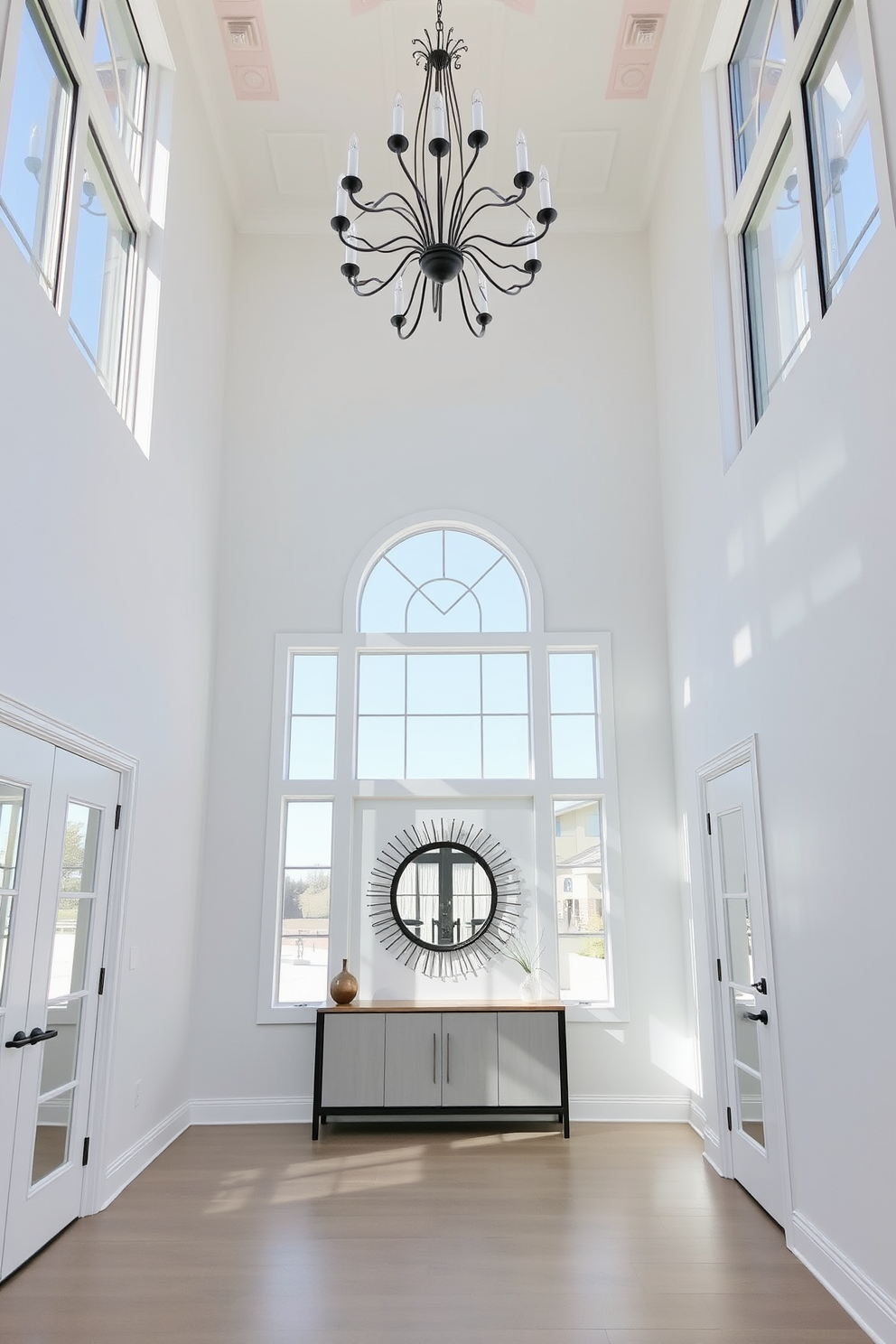 A bright and airy foyer featuring a spacious layout with high ceilings. The walls are painted in a soft white hue, complemented by warm wooden accents throughout the space. A large round mirror hangs above a stylish console table, adorned with decorative items and a vase of fresh flowers. Soft, warm lighting fixtures illuminate the area, creating an inviting atmosphere perfect for welcoming guests.