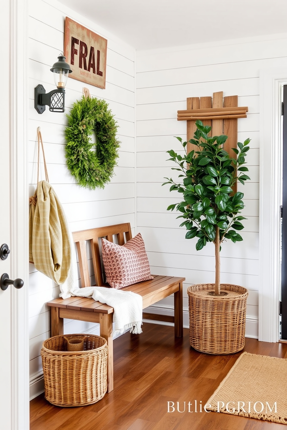 A bright foyer featuring white shiplap walls adorned with rustic decor elements. A wooden bench sits against the wall, complemented by a woven basket and a large potted plant in the corner.