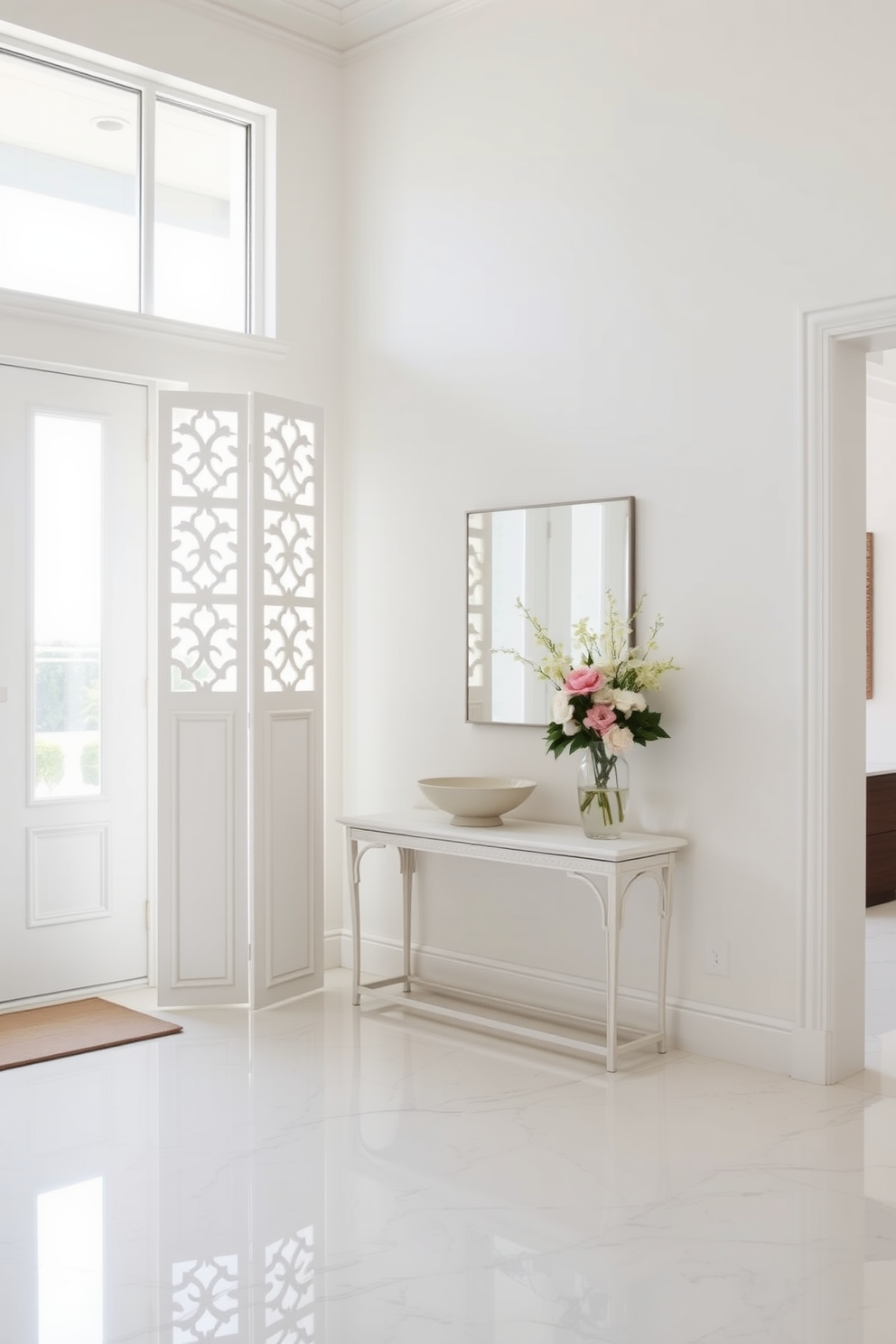 A contemporary white folding screen stands elegantly in the corner of the foyer, providing a stylish separation between spaces. The screen features intricate cut-out designs that allow light to filter through while maintaining privacy. The foyer is designed with sleek white walls and a polished marble floor that reflects the natural light streaming in from large windows. A minimalist console table adorned with a decorative bowl and a fresh bouquet of flowers enhances the inviting atmosphere of the space.