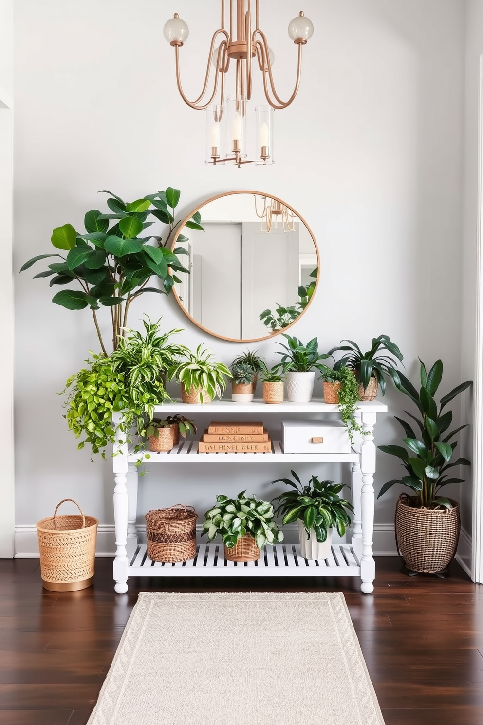 Chic white console table adorned with various indoor plants. The table is positioned against a soft gray wall, creating a serene and inviting atmosphere. The foyer features a stylish runner rug that complements the console table. Elegant lighting fixtures hang above, casting a warm glow throughout the space.