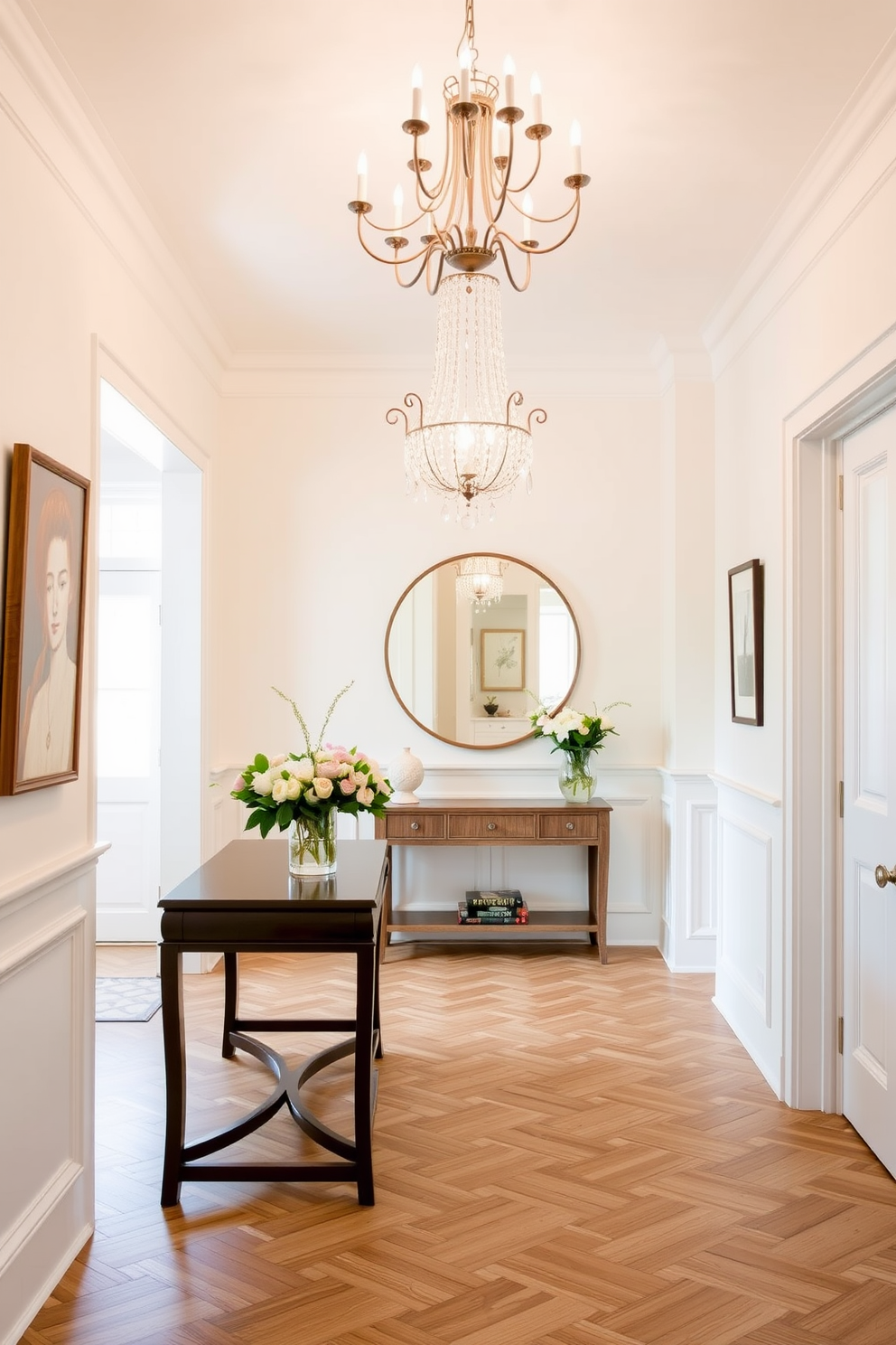 A bright foyer features elegant white wainscoting that adds classic appeal to the space. The floor is adorned with a beautiful herringbone pattern in light oak, creating a warm and inviting entrance. A stunning chandelier hangs from the ceiling, illuminating the foyer with soft, ambient light. To one side, a stylish console table is decorated with a vase of fresh flowers and a large round mirror above it.