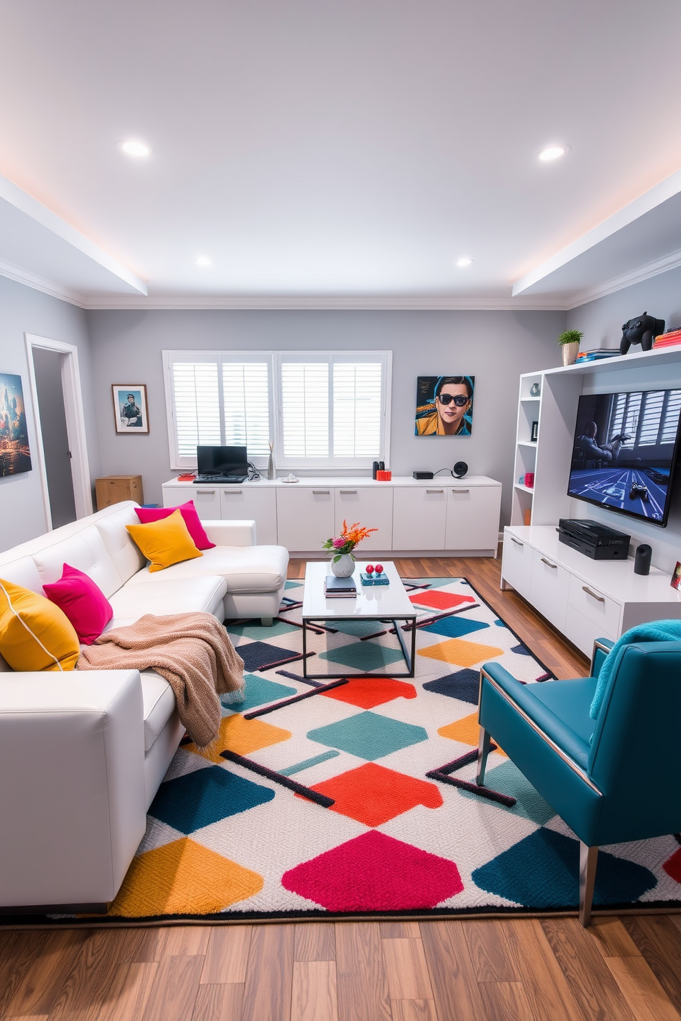 A serene game room featuring minimalist white furniture complemented by colorful accents. The space includes a sleek white sectional sofa adorned with vibrant throw pillows and a modern coffee table that adds a pop of color. The walls are painted in a soft gray, creating a calming backdrop for the lively decor. A large area rug with bold geometric patterns anchors the seating area, while a wall-mounted entertainment unit showcases a flat-screen TV and stylish gaming accessories.