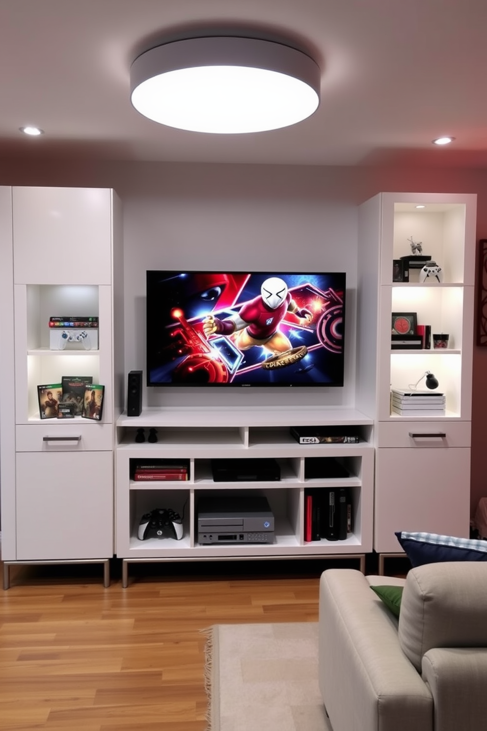 A sleek white gaming console cabinet with ample storage space for organizing games and accessories. The cabinet features clean lines and a minimalist design that complements a modern game room aesthetic. In the game room, a comfortable sectional sofa is arranged around a large flat-screen TV mounted on the wall. Ambient lighting enhances the space, while vibrant wall art and themed decor create an immersive gaming atmosphere.