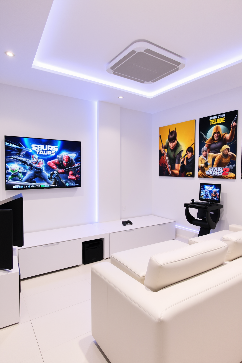 A modern game room featuring an accent wall adorned with vibrant gaming posters showcasing popular video games. The room is designed with a sleek white color palette, complemented by comfortable seating and state-of-the-art gaming equipment.