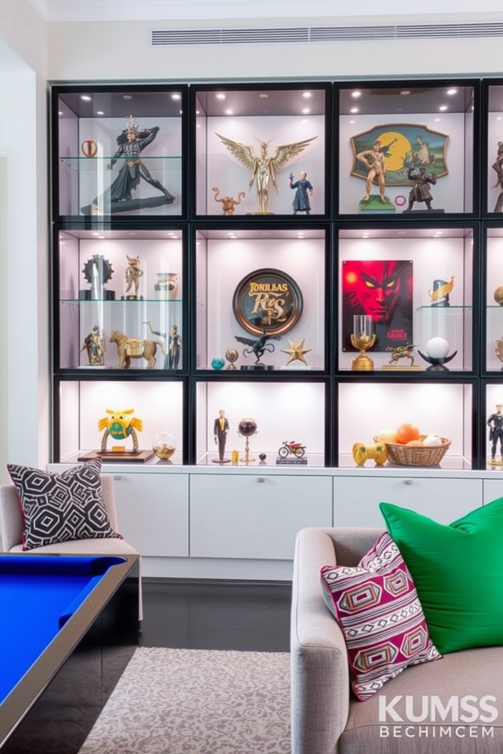 A modern game room features sleek glass display cases showcasing a variety of collectibles. The walls are painted in a crisp white, complemented by plush seating and vibrant accent pillows.