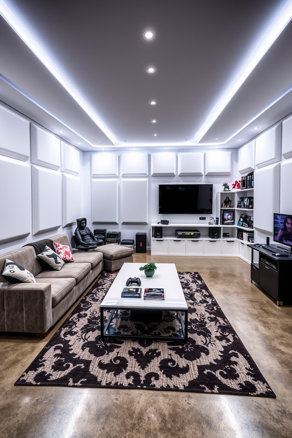 A contemporary game room featuring white acoustic panels strategically placed on the walls for optimal soundproofing. The space is furnished with a plush sectional sofa and a sleek coffee table, creating a comfortable environment for gaming sessions. The room includes a large flat-screen TV mounted on the wall, surrounded by shelves filled with video games and collectibles. Bright LED lighting enhances the atmosphere, while a stylish rug adds warmth to the polished concrete floor.