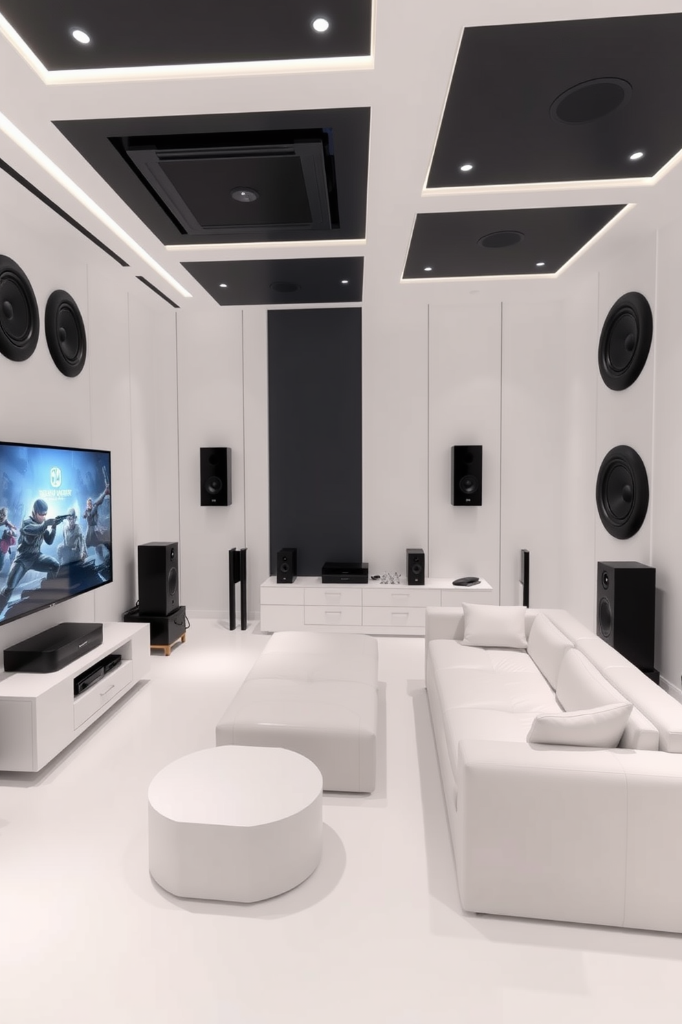 A modern game room designed for immersive gaming experiences. The room features an integrated sound system with speakers strategically placed for optimal audio quality. The walls are painted in a crisp white, creating a bright and airy atmosphere. Sleek white furniture complements the space, including a large sectional sofa and a minimalist coffee table.